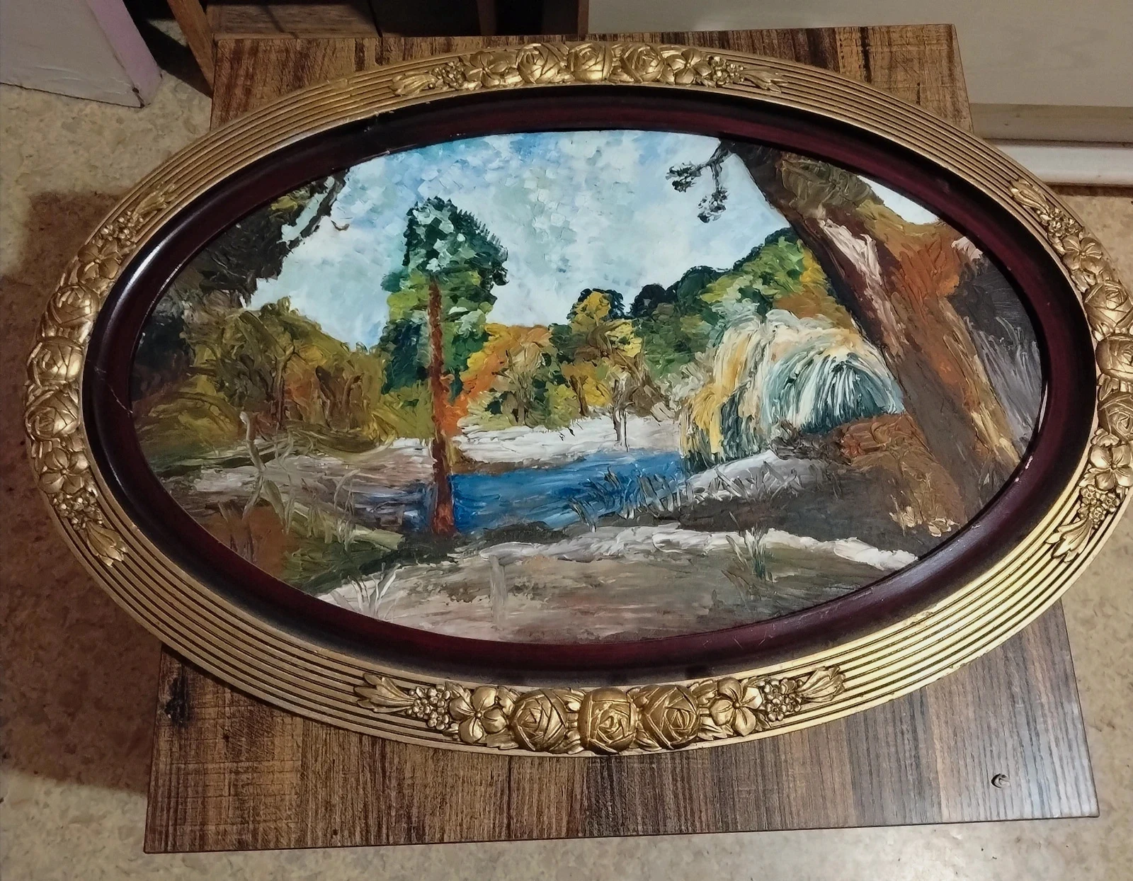 Tableau ancien OVALE unique - Véritable peinture à l'huile Paysage & Cadre doré