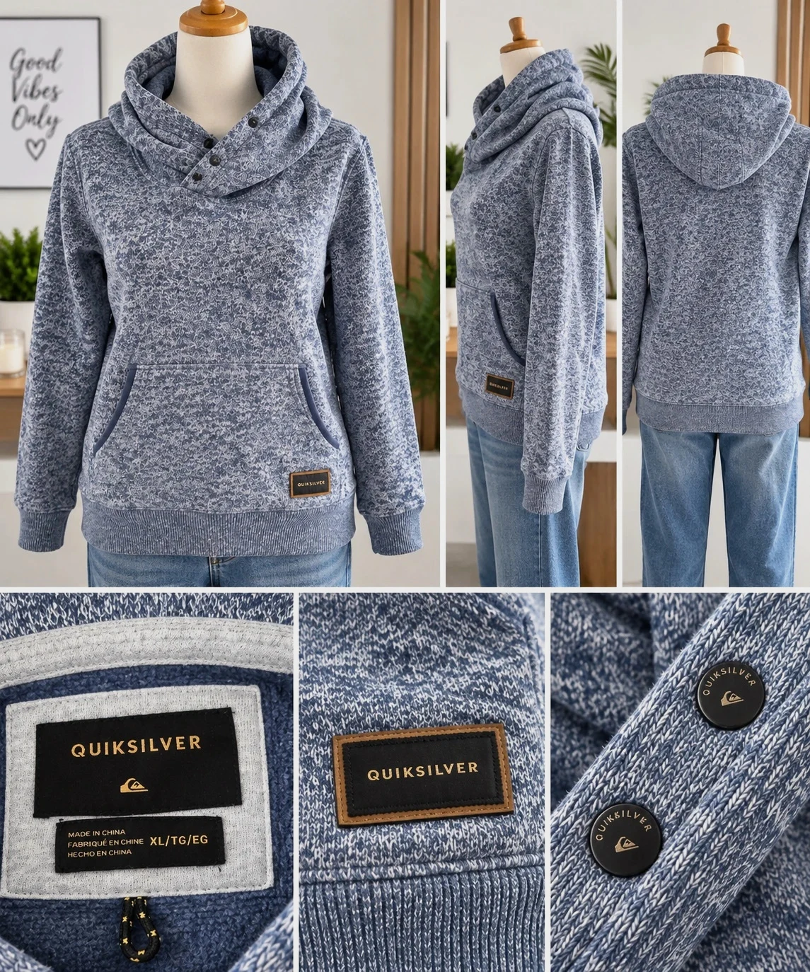 Sweat Quiksilver XL bleu chiné col montant à capuche