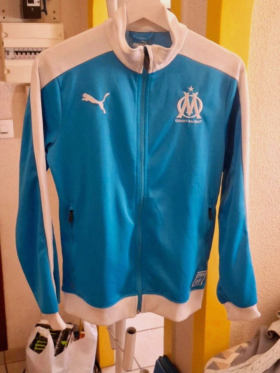 Veste Puma de survêtement - Olympique de Marseille (OM) DryCell - Blanc / Bleu ciel - Taille XS
