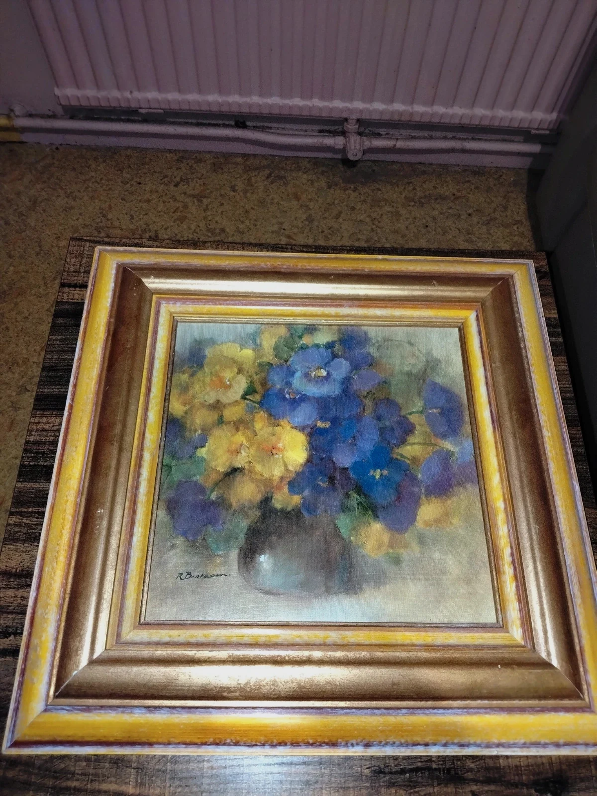 Tableau vintage Peinture Huile sur toile Bouquet de Pensées Fleur Cadre Doré