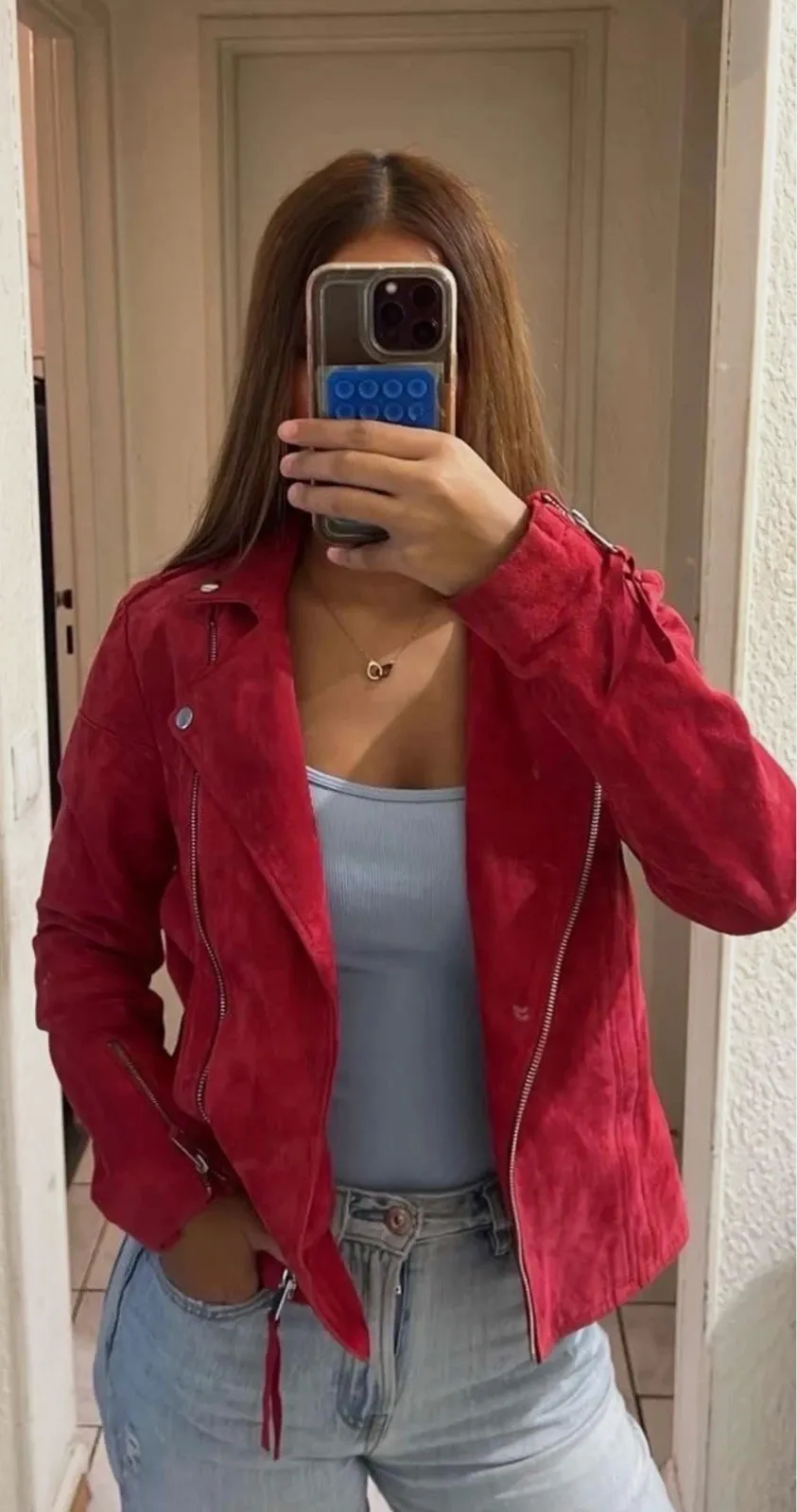 Veste Vila XS 100% cuir rouge perfecto biker tendance – Vila – taille XS / 34 / 6 2