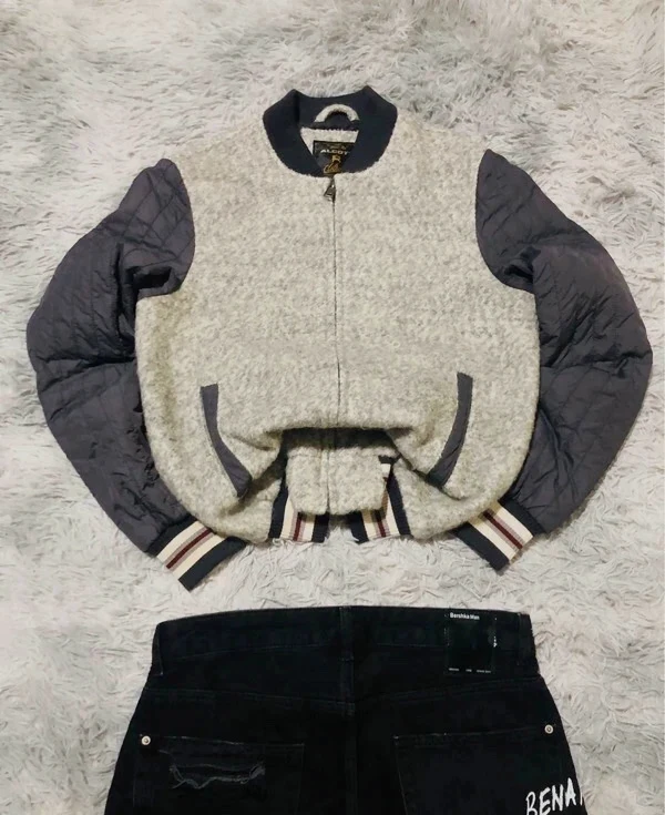 Alcott Quilted Sleeve Fleece Bomber Jacket Grey Wool Y2K Oldmoney Streetwear Classic - Size S