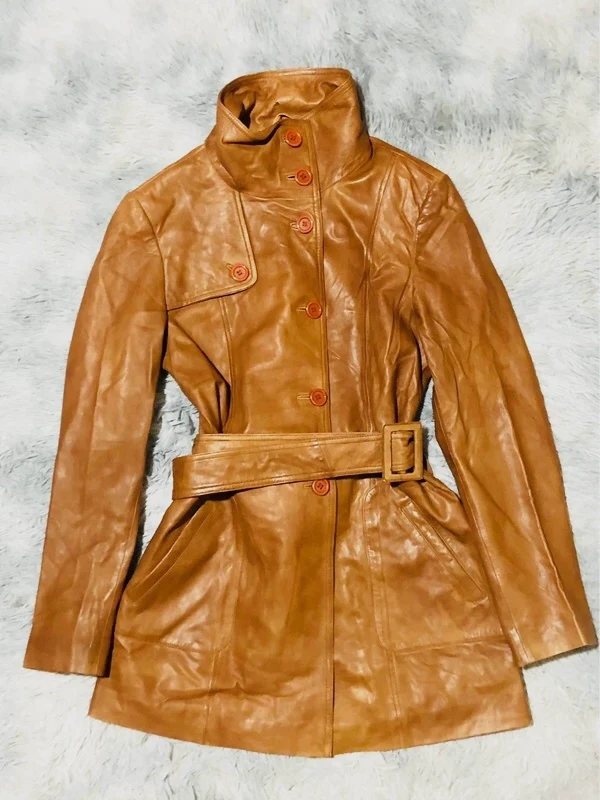 Helium Real Leather Belted Coat Tan Cognac Button Front High Collar Trench 70s Style Y2K - Size 12 M