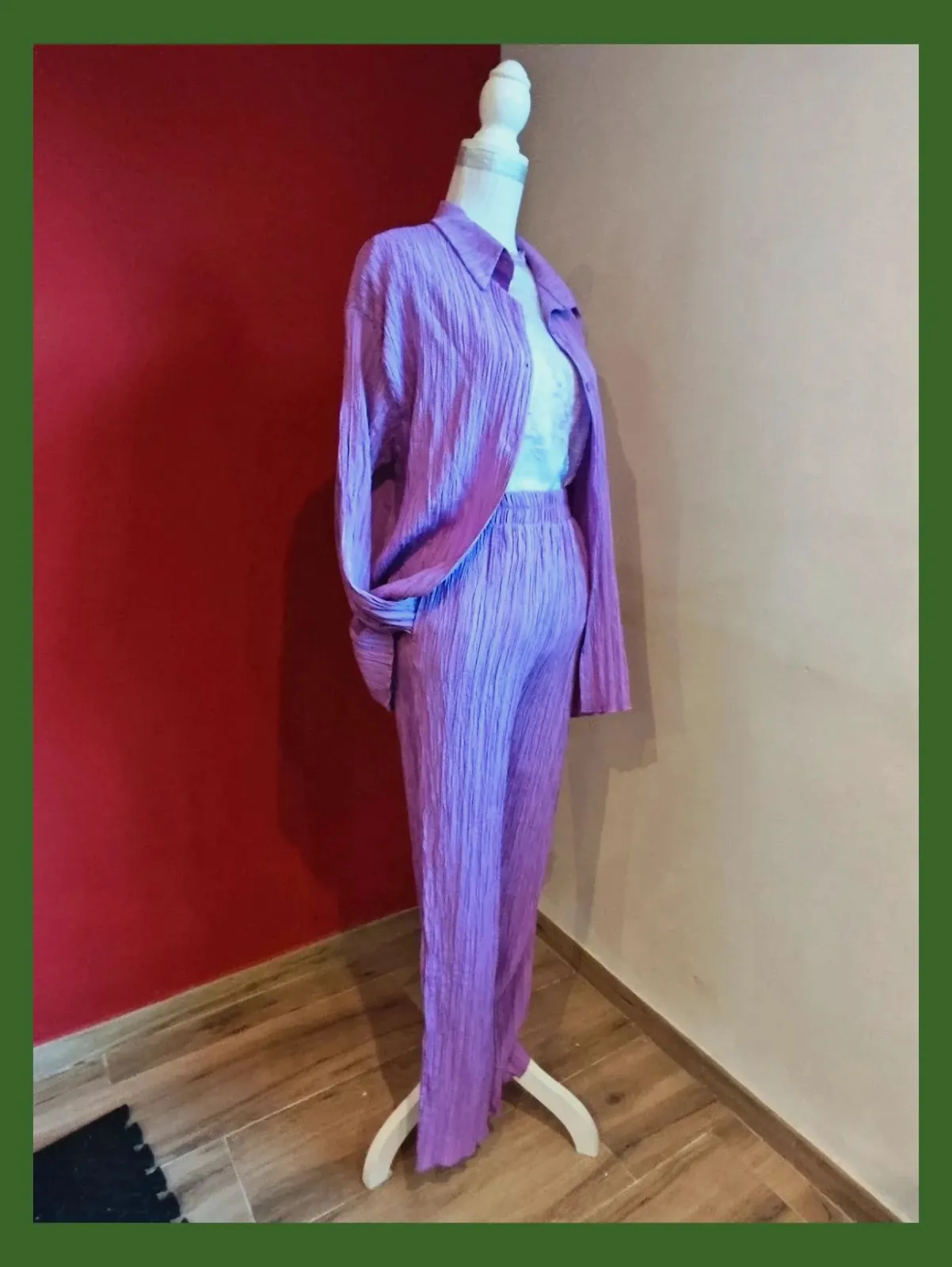 🌺 Elegante traje de sobrecamisa y pantalón lila tela efecto arrugadito – salants – taille M / 38 / 10 2