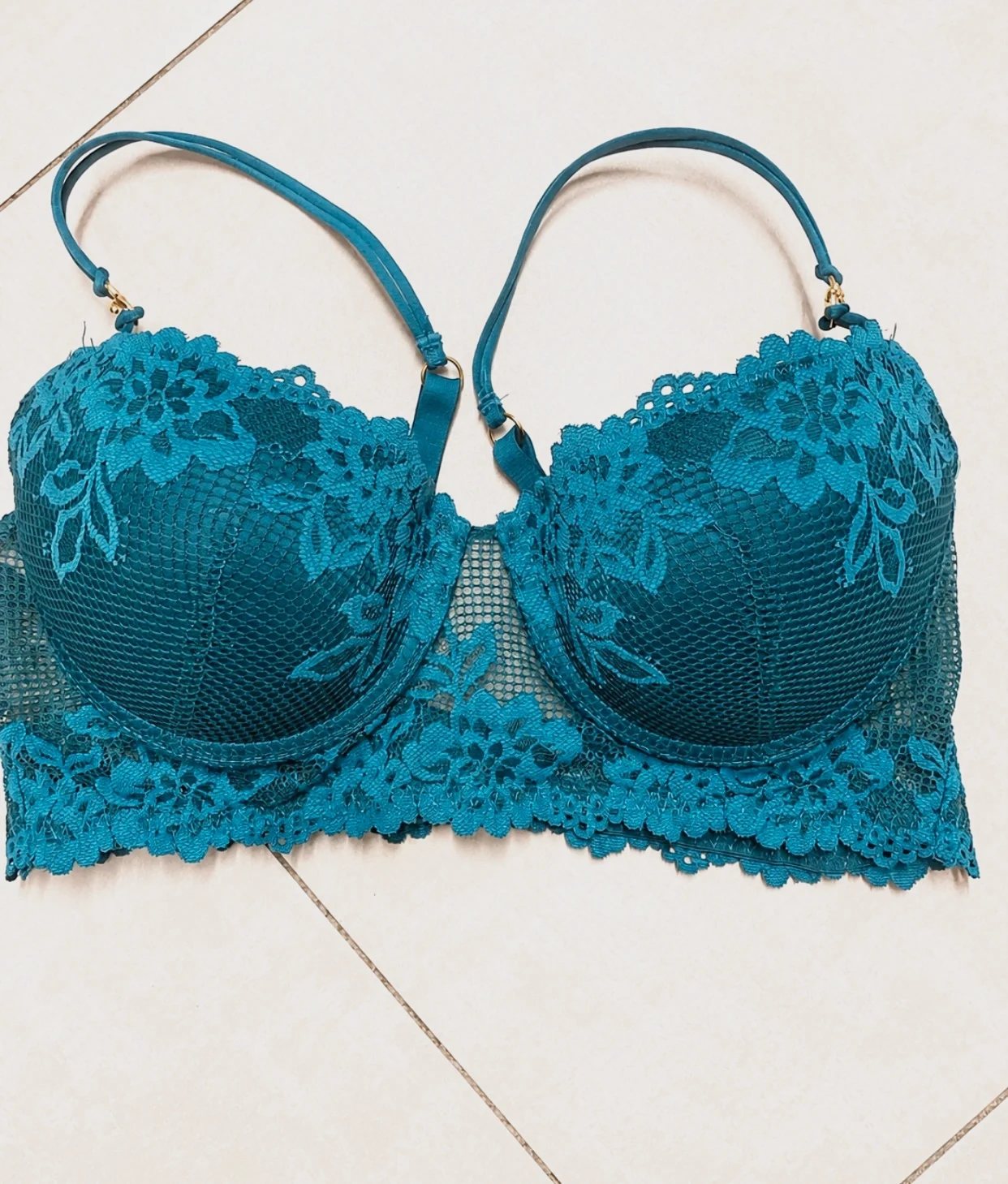 Soutien-gorge Undiz bleu canard / vert – dentelle florale – 90D – coques rembourrées