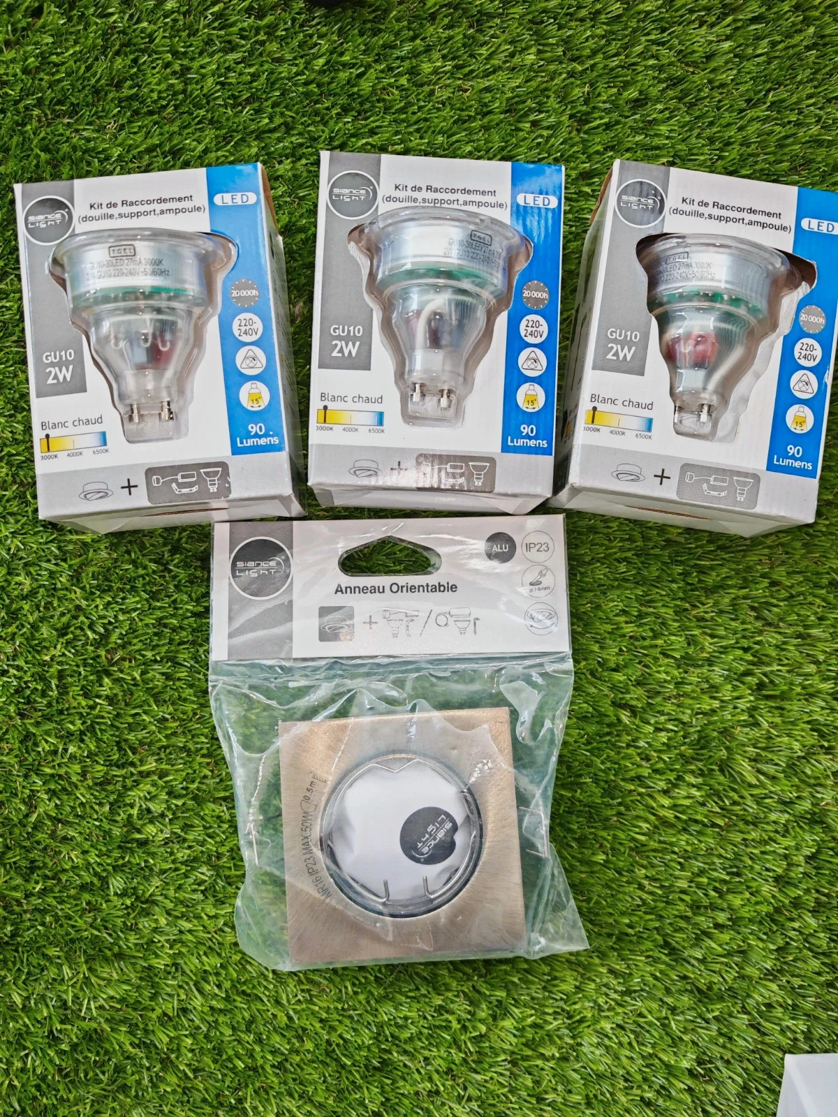 Lot de 3 kits spot LED GU10 2W + 1 anneau orientable alu – Neufs