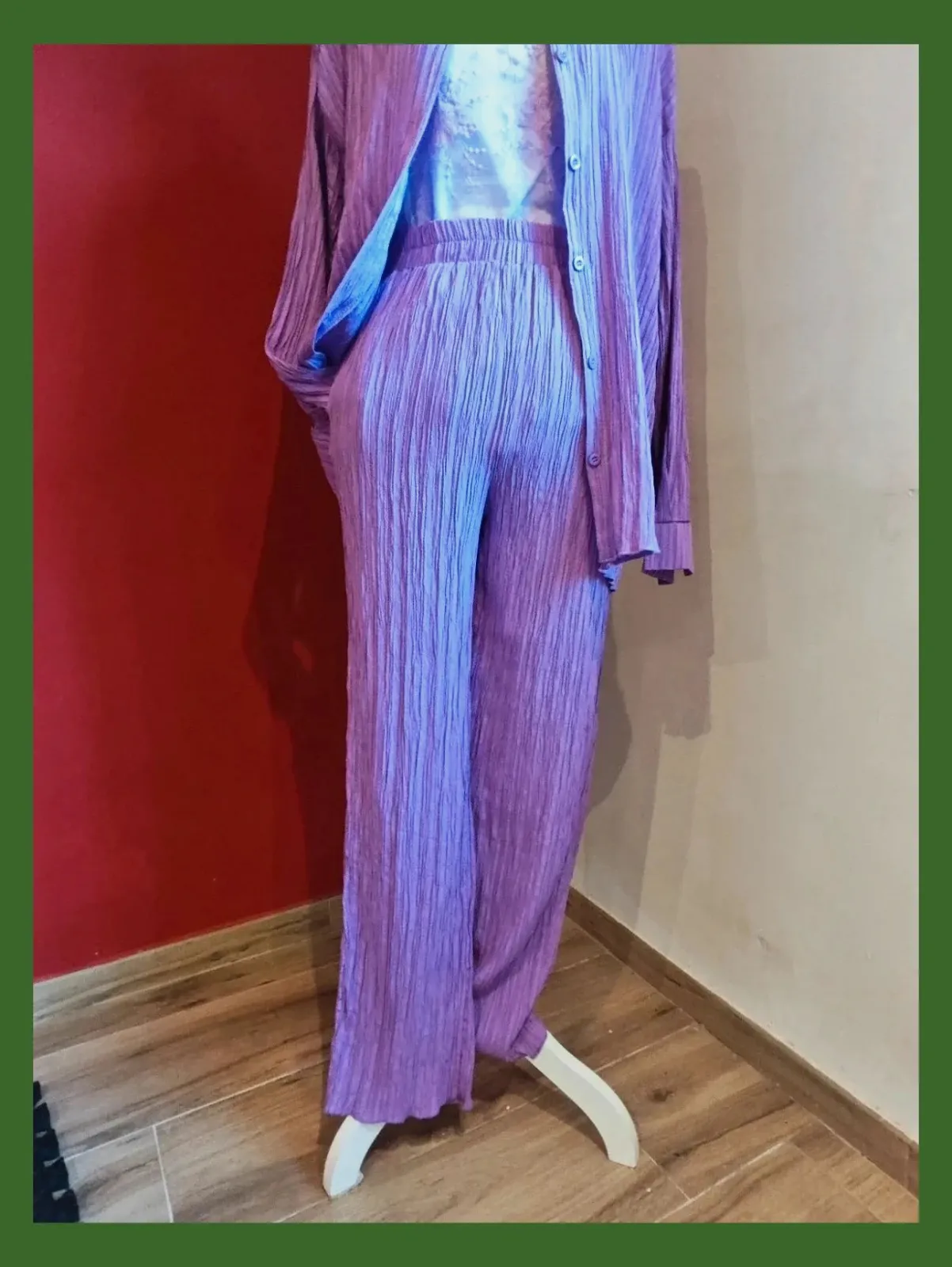 🌺 Elegante traje de sobrecamisa y pantalón lila tela efecto arrugadito – salants – taille M / 38 / 10 4
