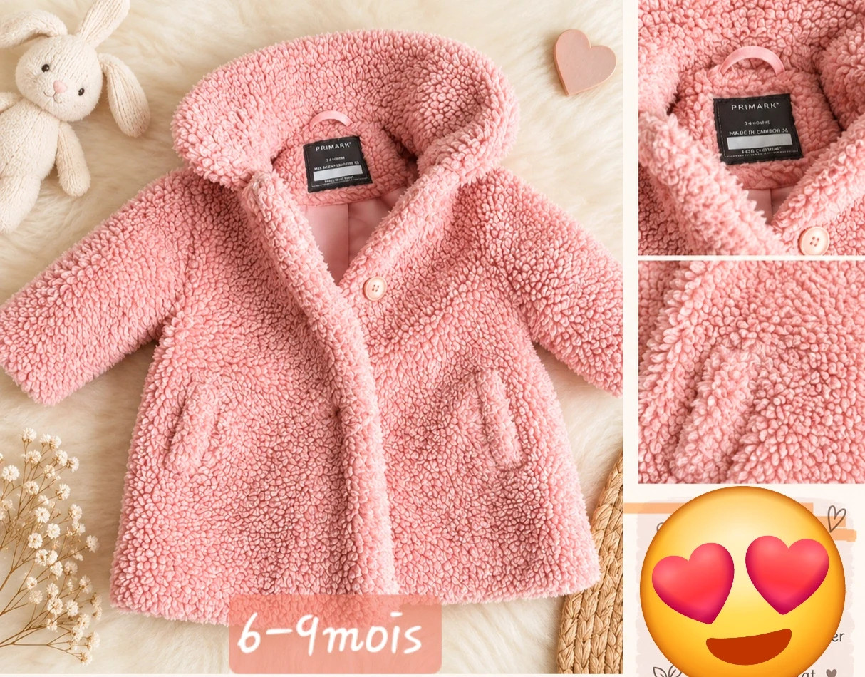 Manteau bébé fille rose tout doux Primark effet mouton – 6/9 mois, excellent état – Primark – taille 6-9 mois / 68 cm 3