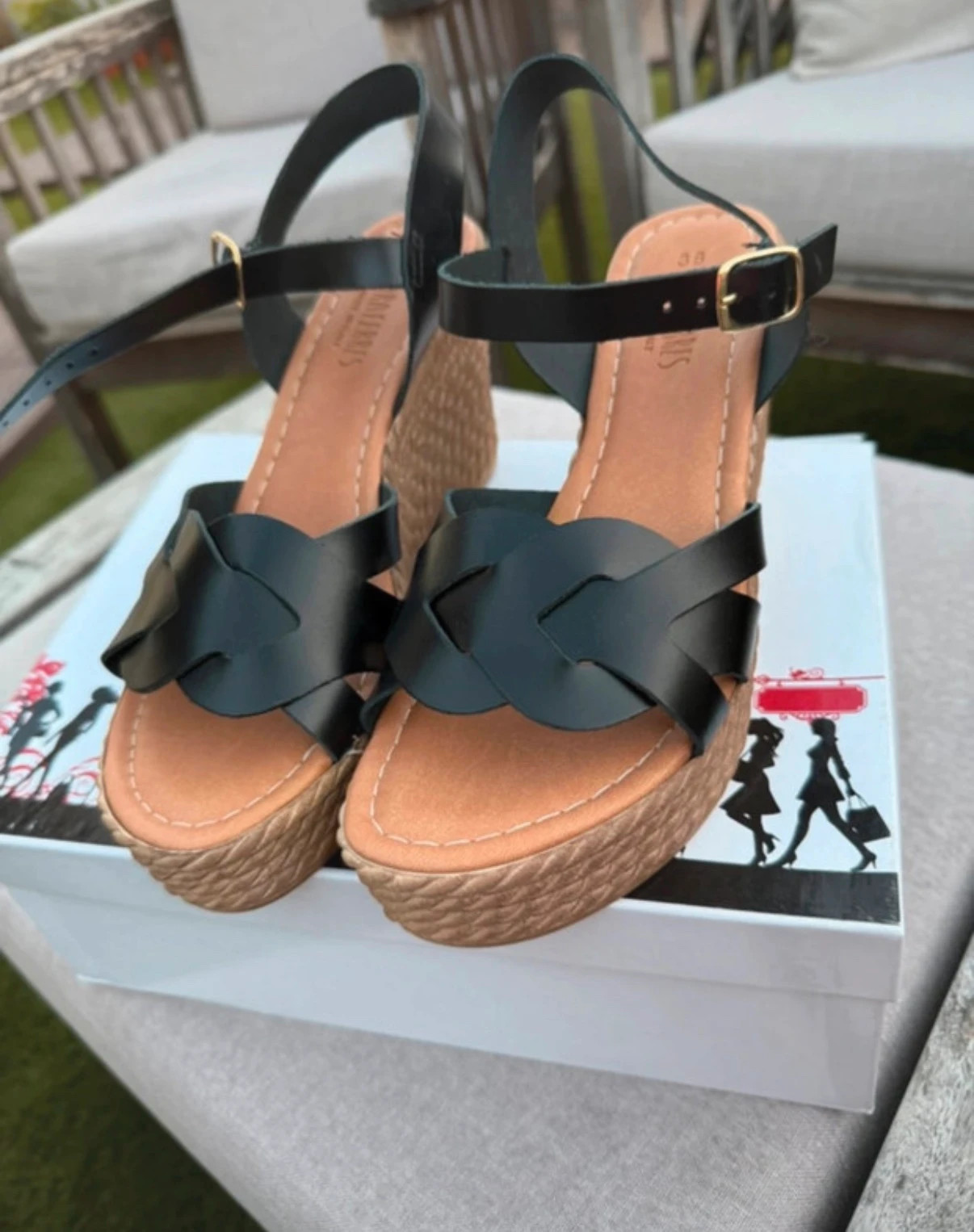 Sandalias de cuña efecto yute negras – Lora Ferres – taille 38 5