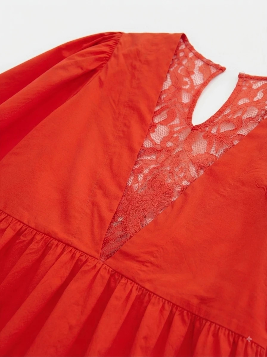 Vestido rojo con encaje y mangas abullonadas – Naf Naf – taille S / 36 / 8 2