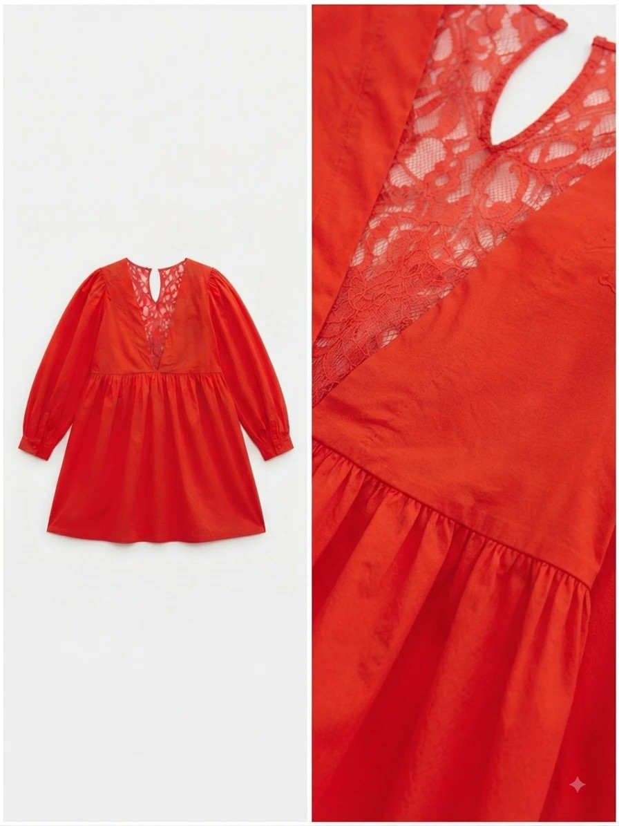 Vestido rojo con encaje y mangas abullonadas