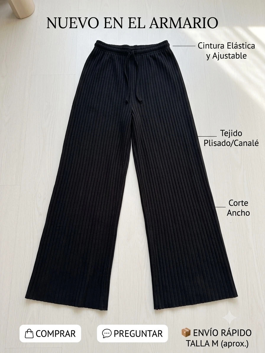 🖤 Pantalón Ancho Plisado de Canalé (Corte Wide Leg / Palazzo)