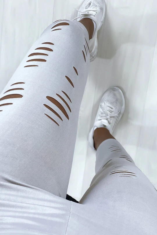 Legging corsaire gris brillant effet déchiré – Extensible & tendance – taille Taille unique