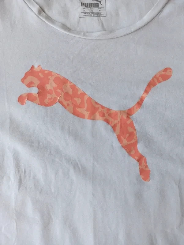 🐆 T-shirt Puma femme XL – Blanc & logo corail/abricot – Puma – taille XL / 42 / 14 3