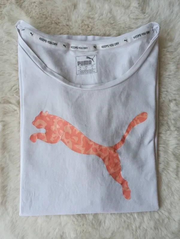 🐆 T-shirt Puma femme XL – Blanc & logo corail/abricot