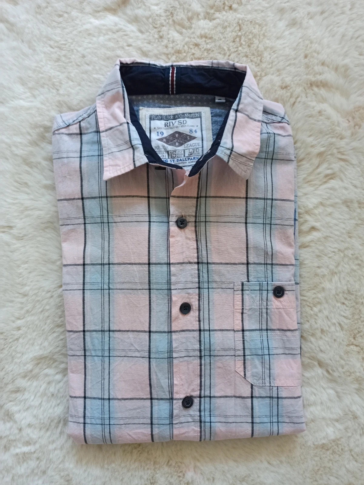 💙🩷 Chemise à carreaux bleu & rose – Style casual rétro / Baseball vintage – Taille S