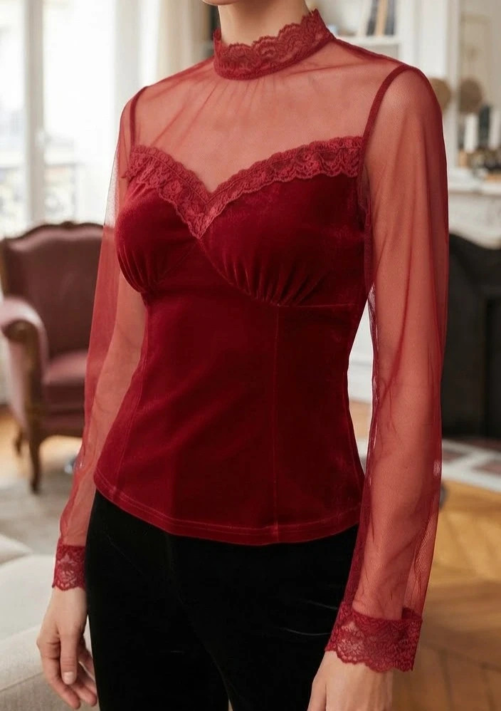 🌹 Top Velours Bordeaux Dentelle – Style Vintage Romantique Chic T. M