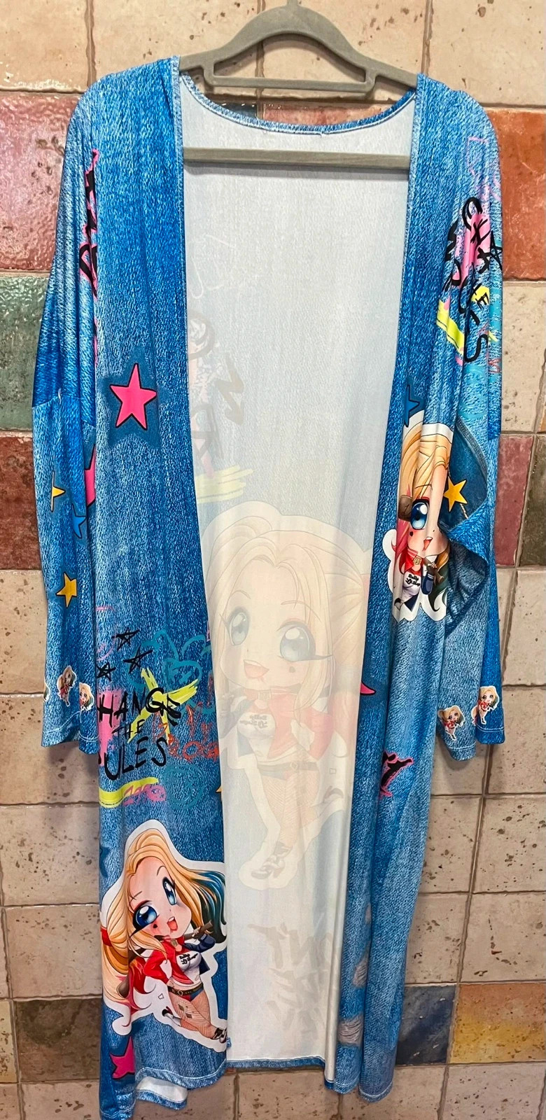 Kimono largo oversize estampado efecto denim /comic – sin marca – taille XXXL / 46 / 18