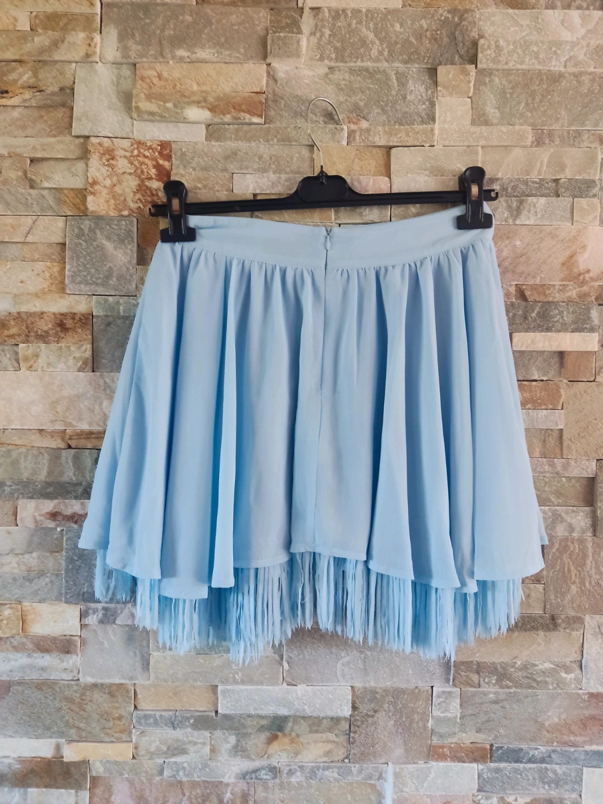 🎁 Preciosa falda de gasa azul claro con flecos en el bajo – Top Queens – taille M / 38 / 10 5