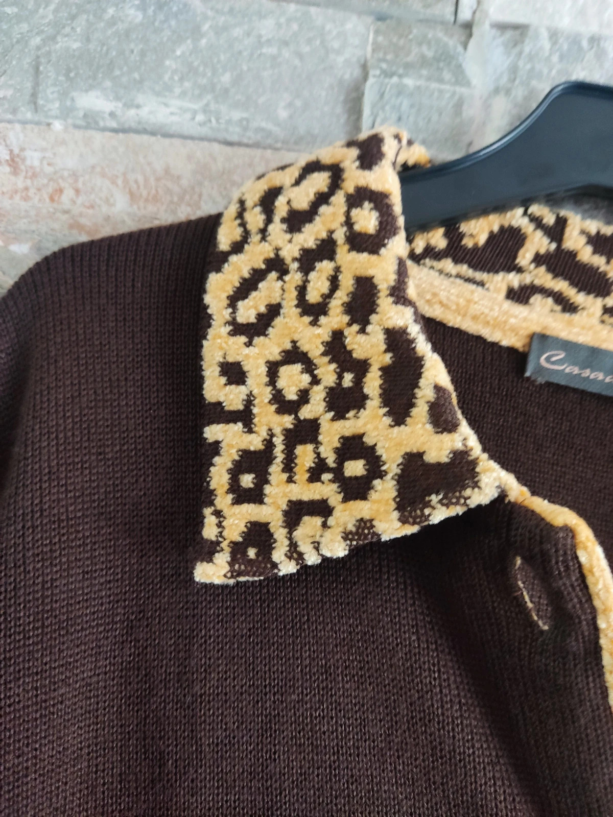🎁Rebeca de punto marrón con la original estampado tono mostaza en cuello y puño – casadella – taille XXL / 44 / 16 2