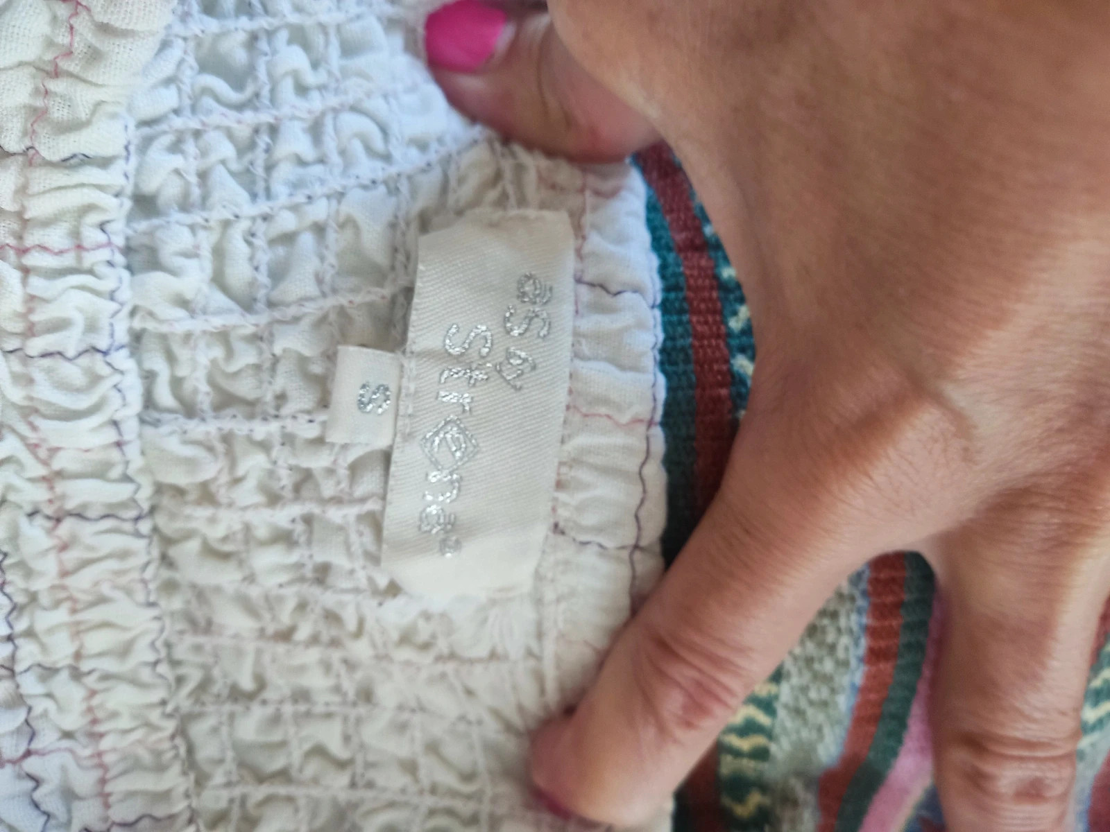 🎁Minifalda de algodón de punto de abeja tono crema con franja multicolor en bajo – Strena – taille XXL / 44 / 16 4