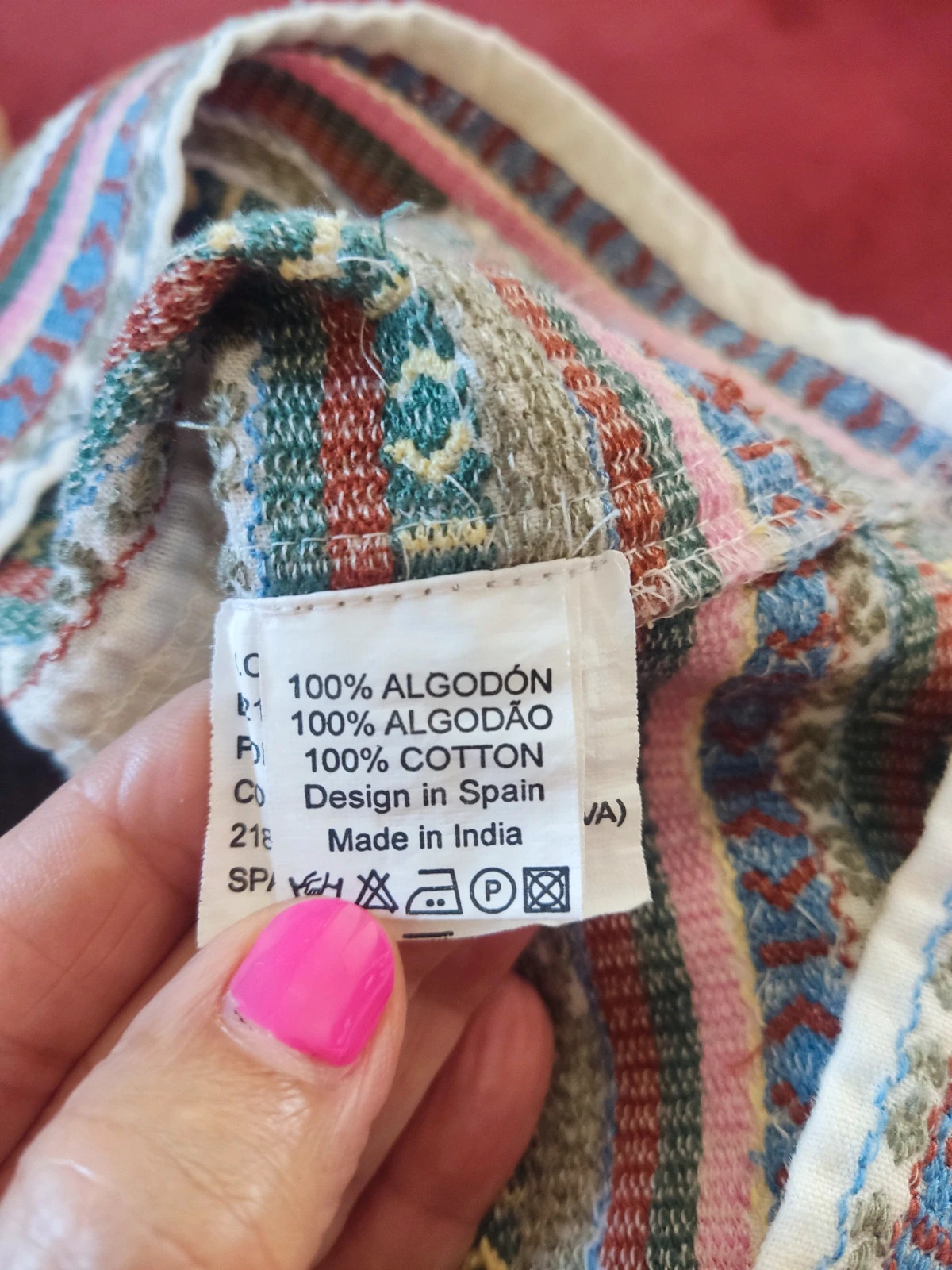 🎁Minifalda de algodón de punto de abeja tono crema con franja multicolor en bajo – Strena – taille XXL / 44 / 16 5