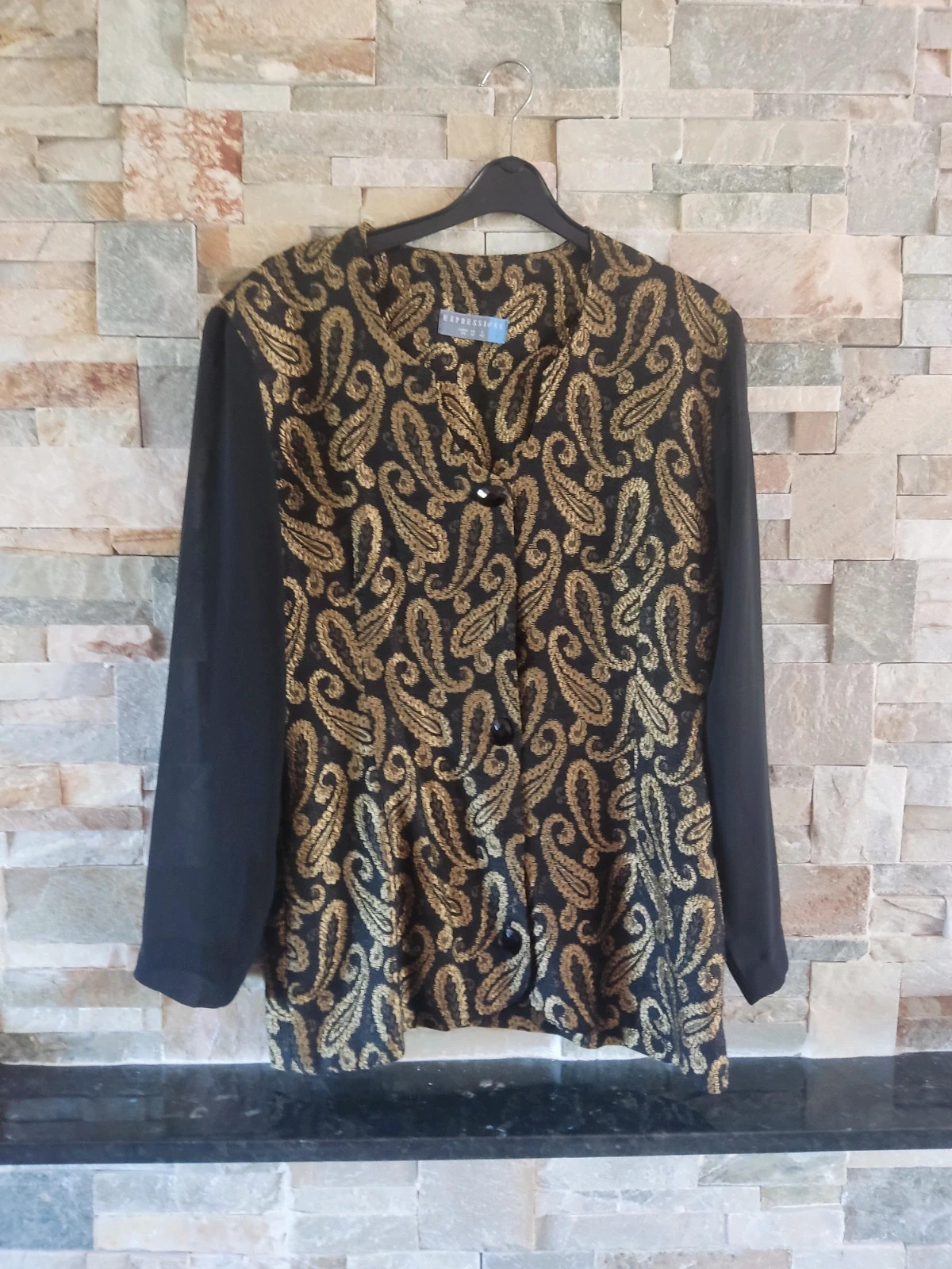 🎁Blazer vintage tela negra ligera con estampado cachemir dorado – Expressions – taille L / 40 / 12 2