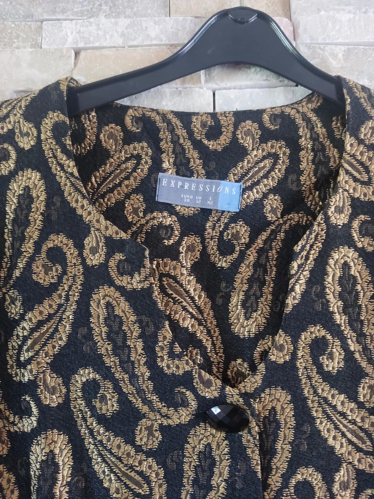 🎁Blazer vintage tela negra ligera con estampado cachemir dorado – Expressions – taille L / 40 / 12 3