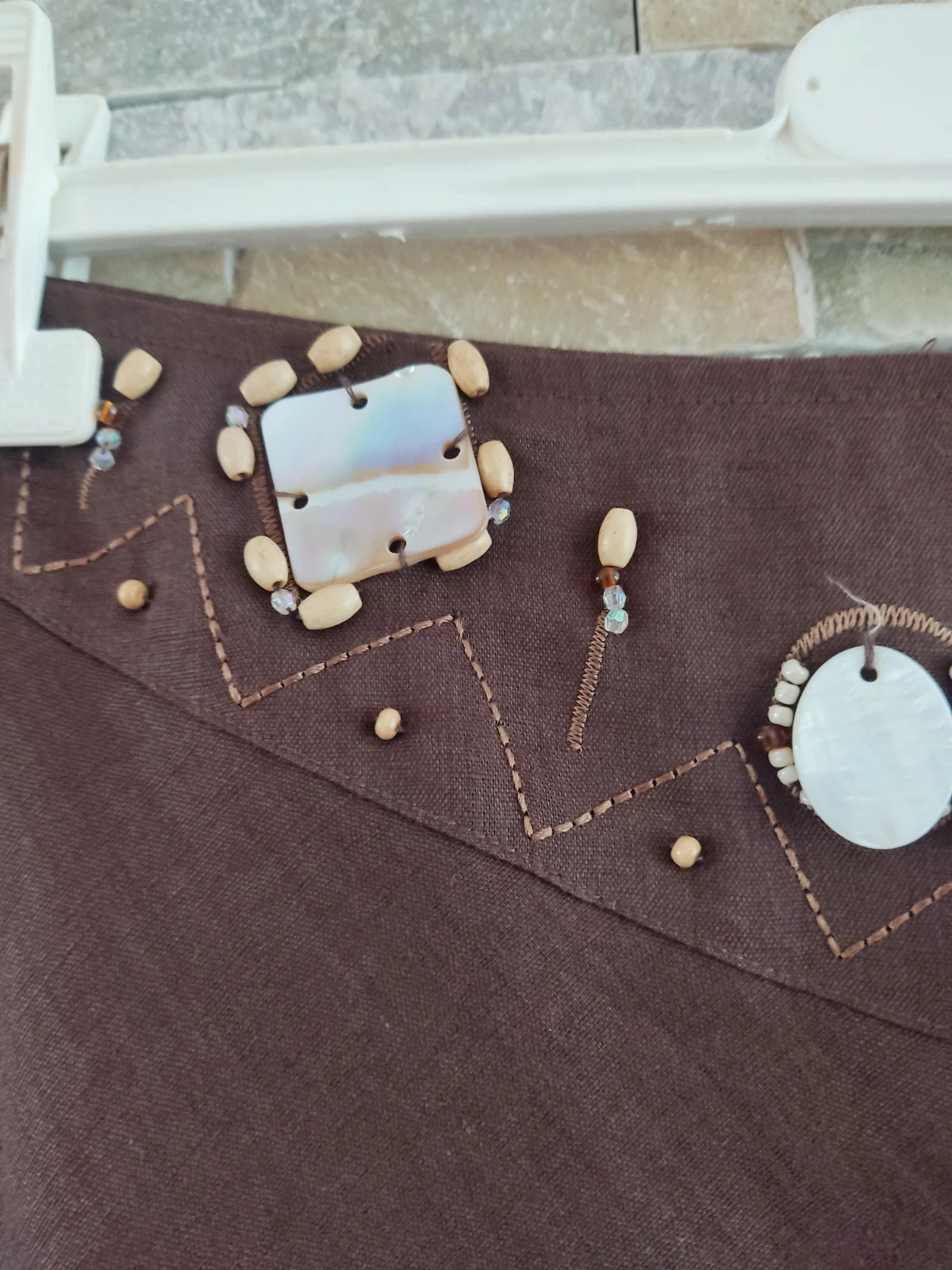 🎁Falda de lino y ramio color marrón con abalorios de madera y nácar en cintura – KY creation – taille L / 40 / 12 3