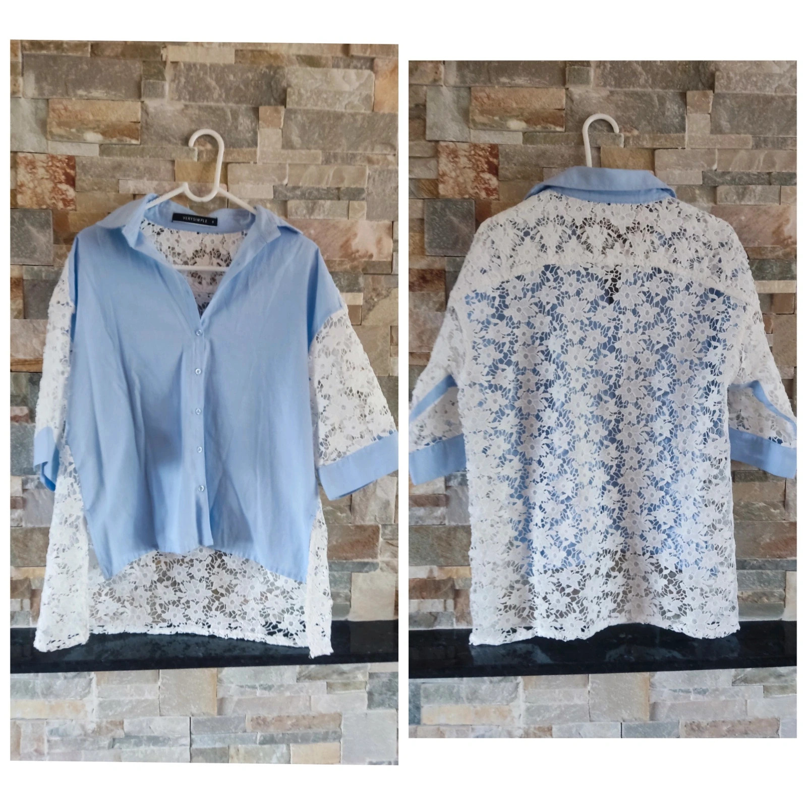 🎁 Original camisa azul con crochet blanco en mangas y espalda