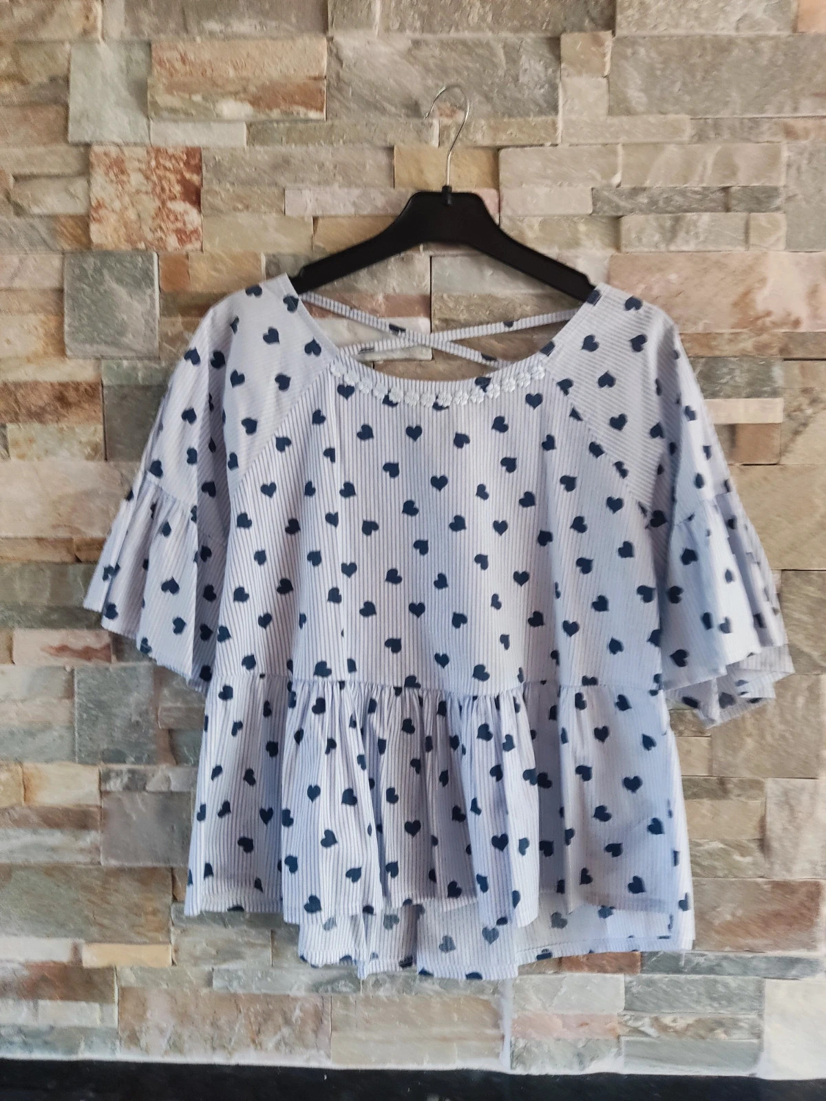 🎁Blusa péplum con rayitas y corazones azul marino sobre blanco – taille M / 38 / 10 2