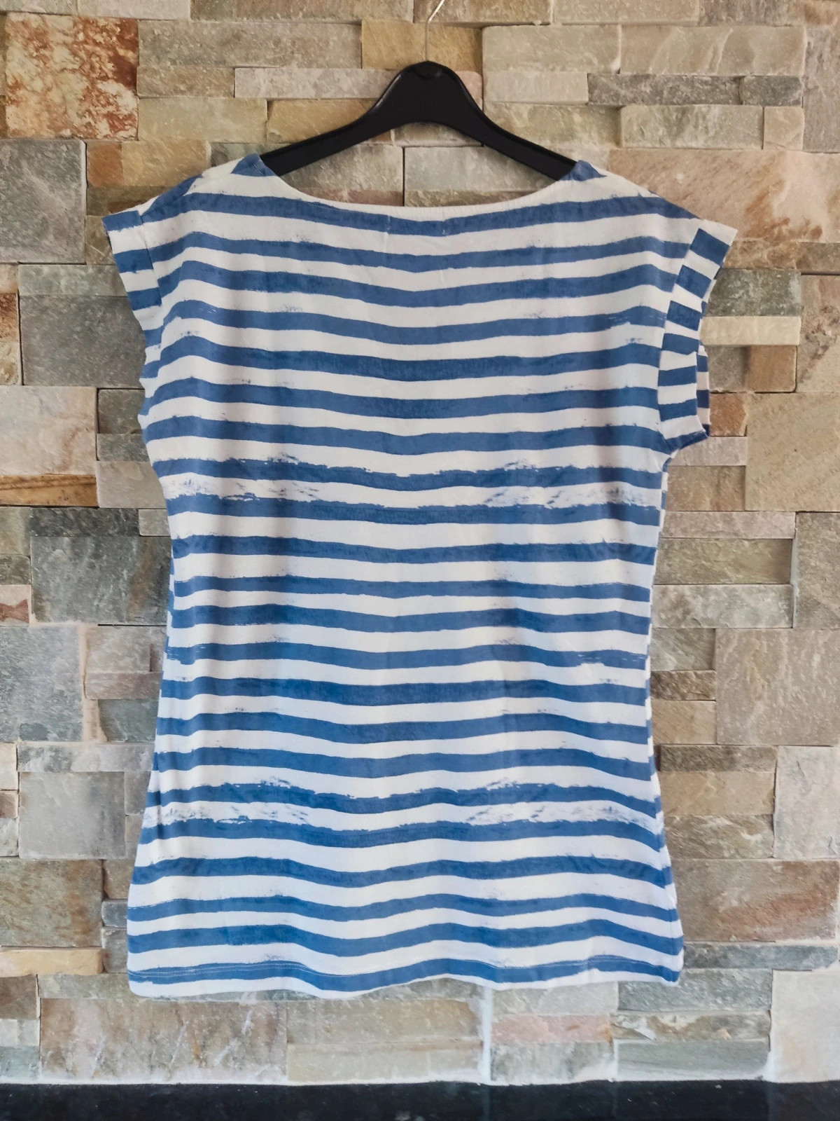 🎁 Preciosa camiseta con rayas azul y blanco y cintas de raso en borde cuello pico – Cortefiel – taille S / 36 / 8 5