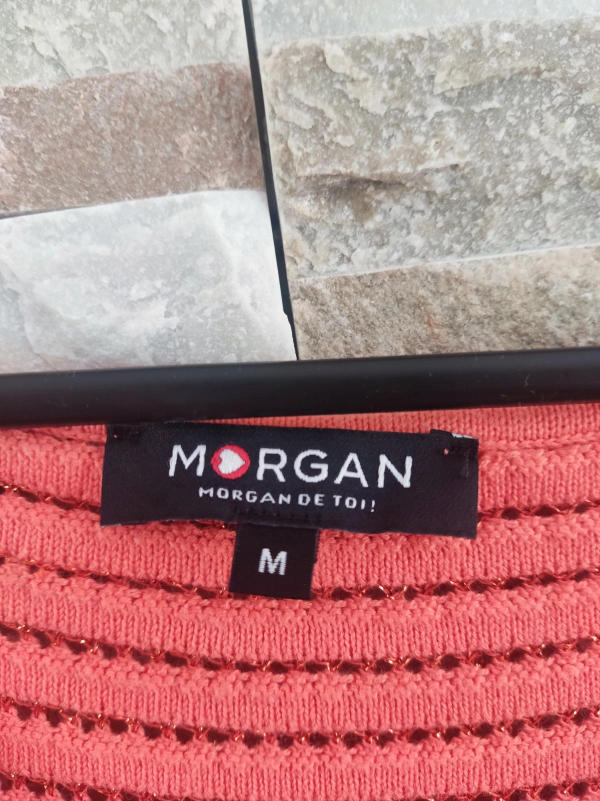 🎁Camiseta punto calado tono coral con brillos, de Morgan – Morgan – taille L / 40 / 12 5