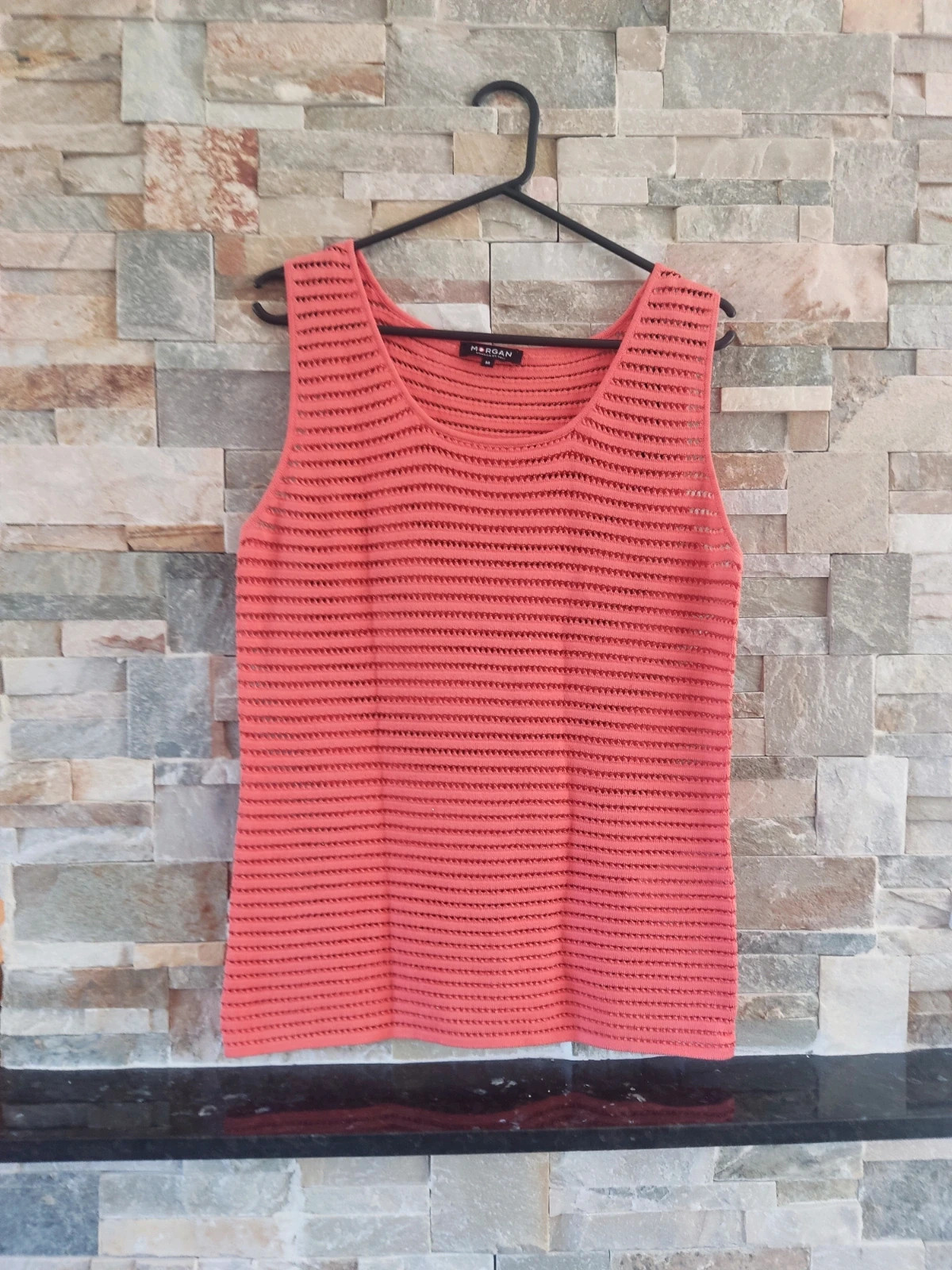 🎁Camiseta punto calado tono coral con brillos, de Morgan – Morgan – taille L / 40 / 12