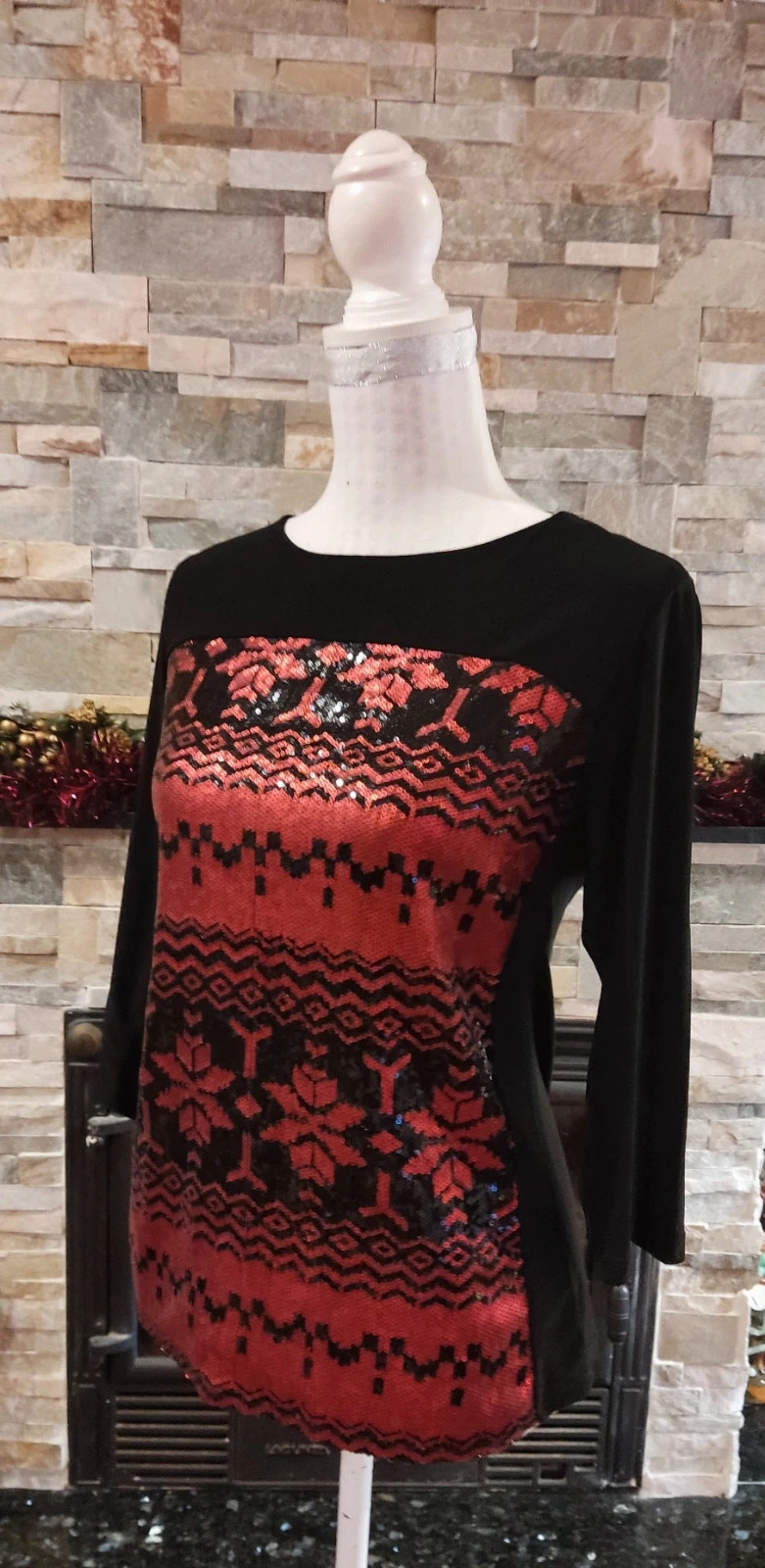 🎁 Camiseta negra con lentejuelas negras y rojas en la parte delantera – Festa – taille L / 40 / 12 2