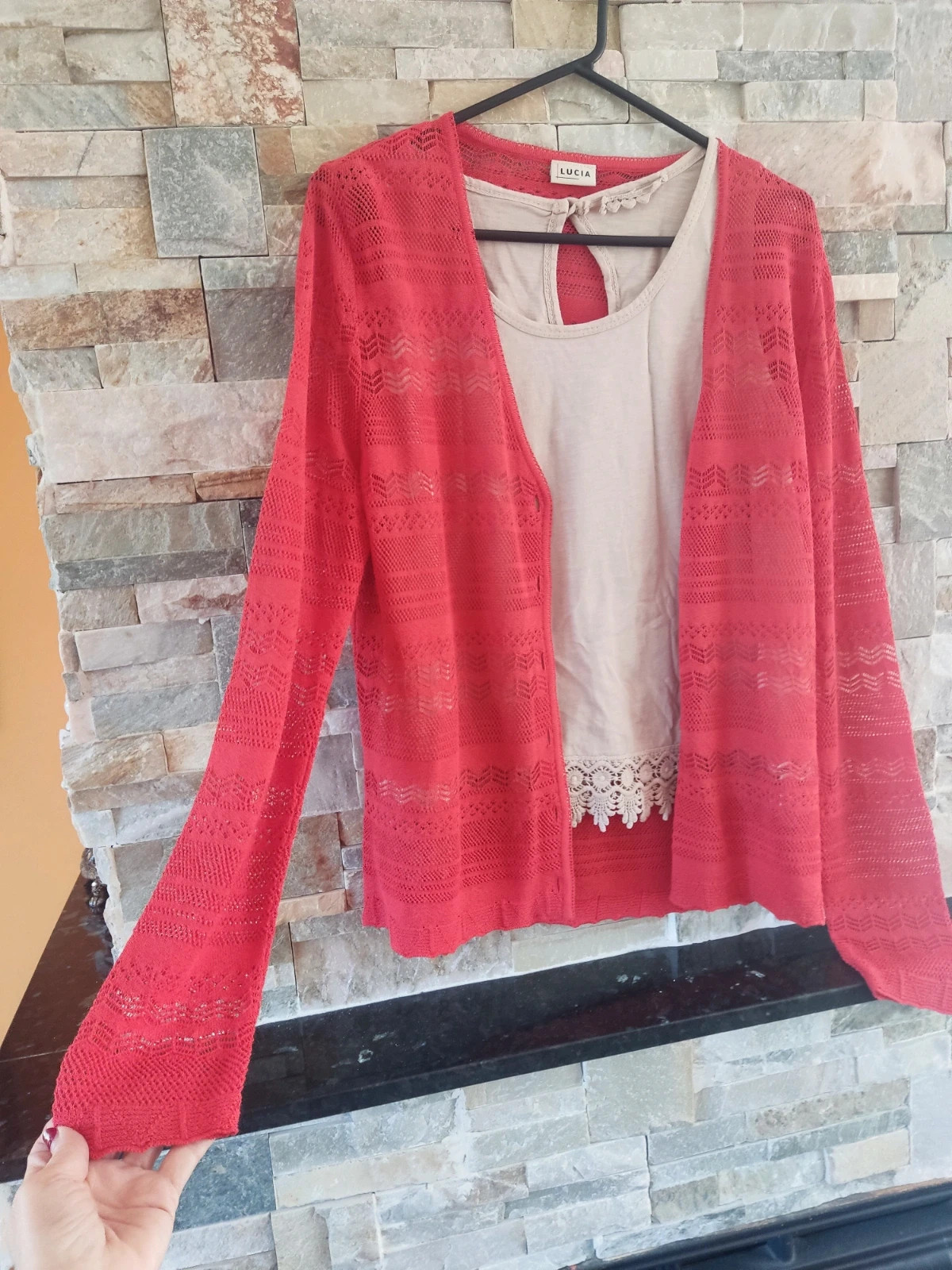 🎁Bonita rebeca roja de punto fino calado – Lucia – taille L / 40 / 12 2