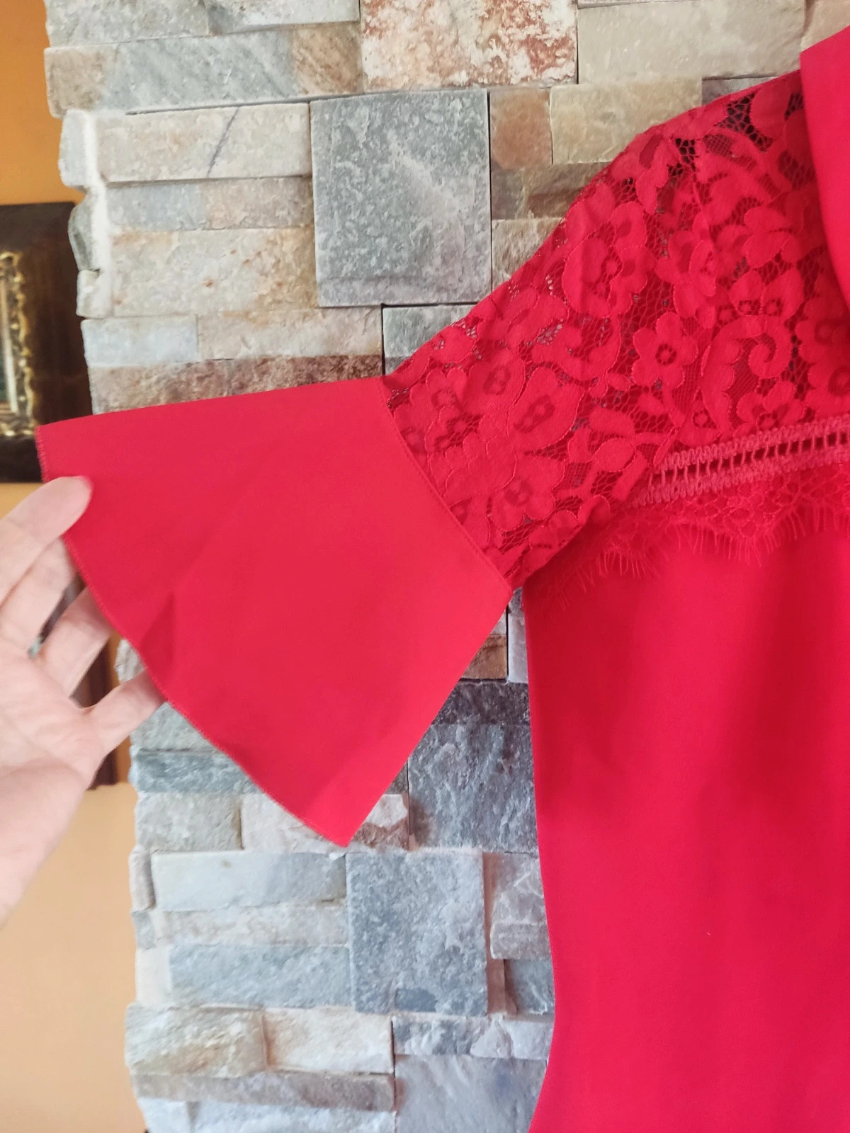 🎁Precioso vestido rojo con cuello camisero y blonda en parte superior – Siste's – taille S / 36 / 8 3