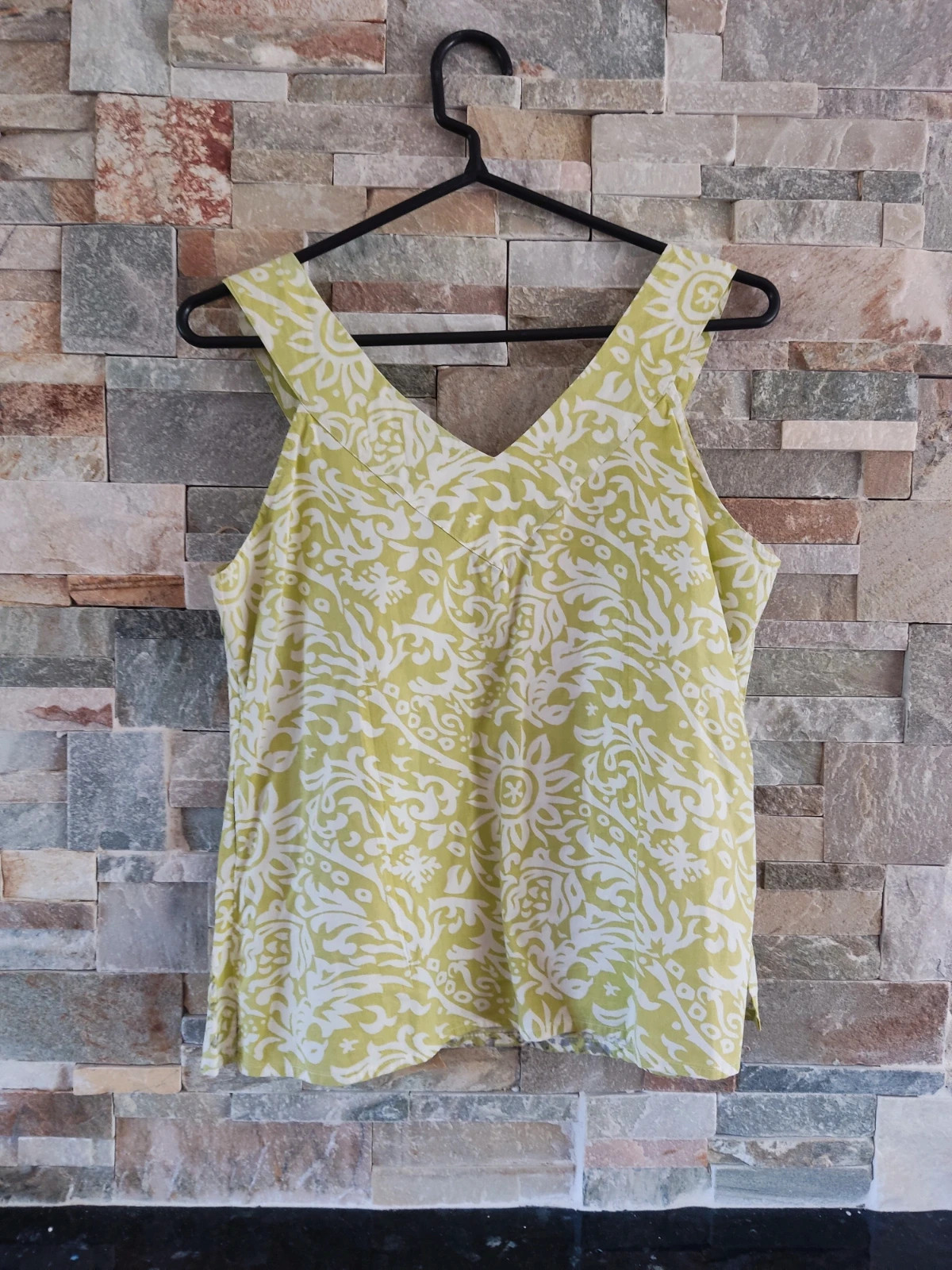 🎁Bonito top con tirantes anchos de tela de hilo estampado tonos verde, blanco y gris – Fransa – taille L / 40 / 12 4