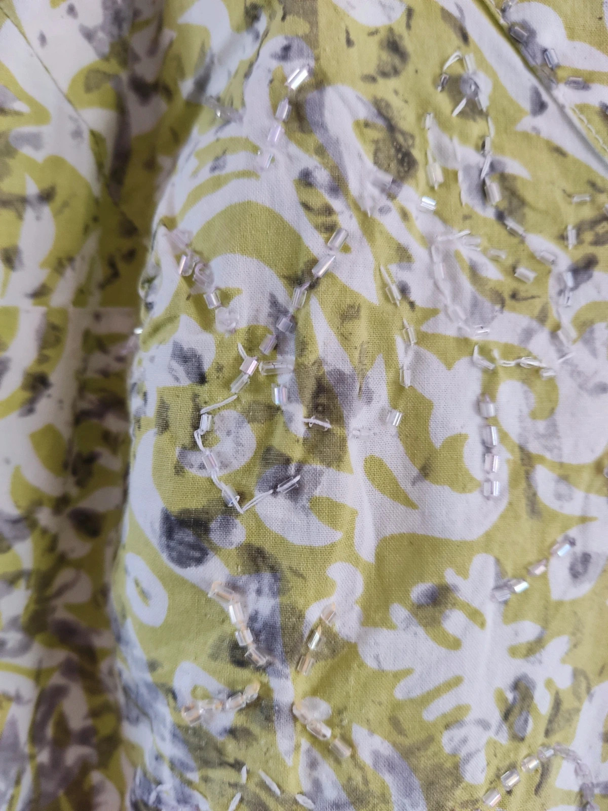 🎁Bonito top con tirantes anchos de tela de hilo estampado tonos verde, blanco y gris – Fransa – taille L / 40 / 12 3