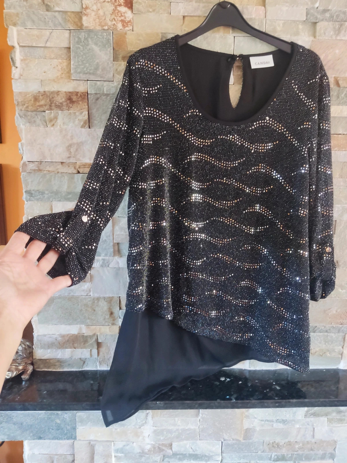 🎁 Original blusa asimétrica negra con puntos plateados – Canda – taille M / 38 / 10 2