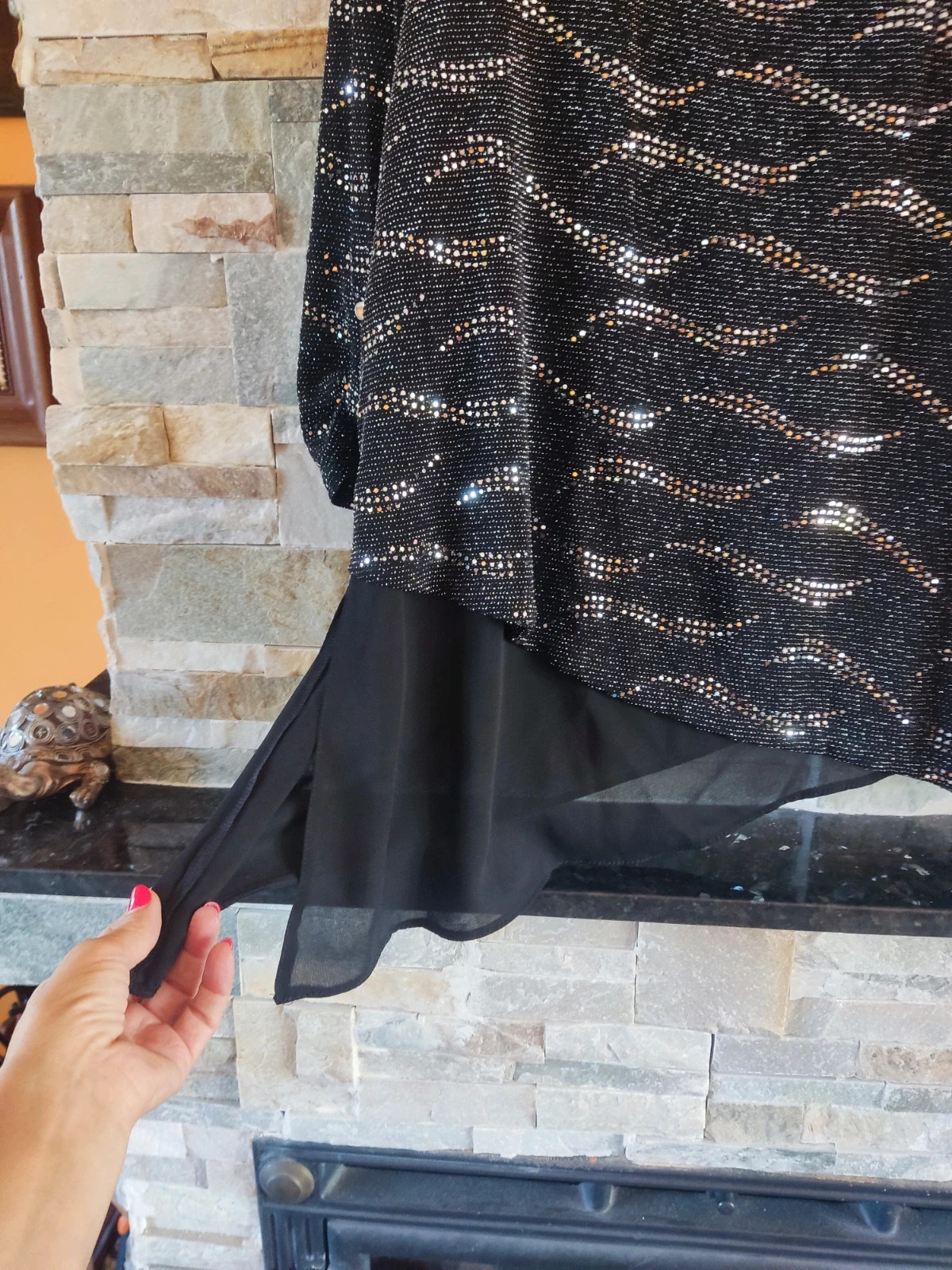 🎁 Original blusa asimétrica negra con puntos plateados – Canda – taille M / 38 / 10 3