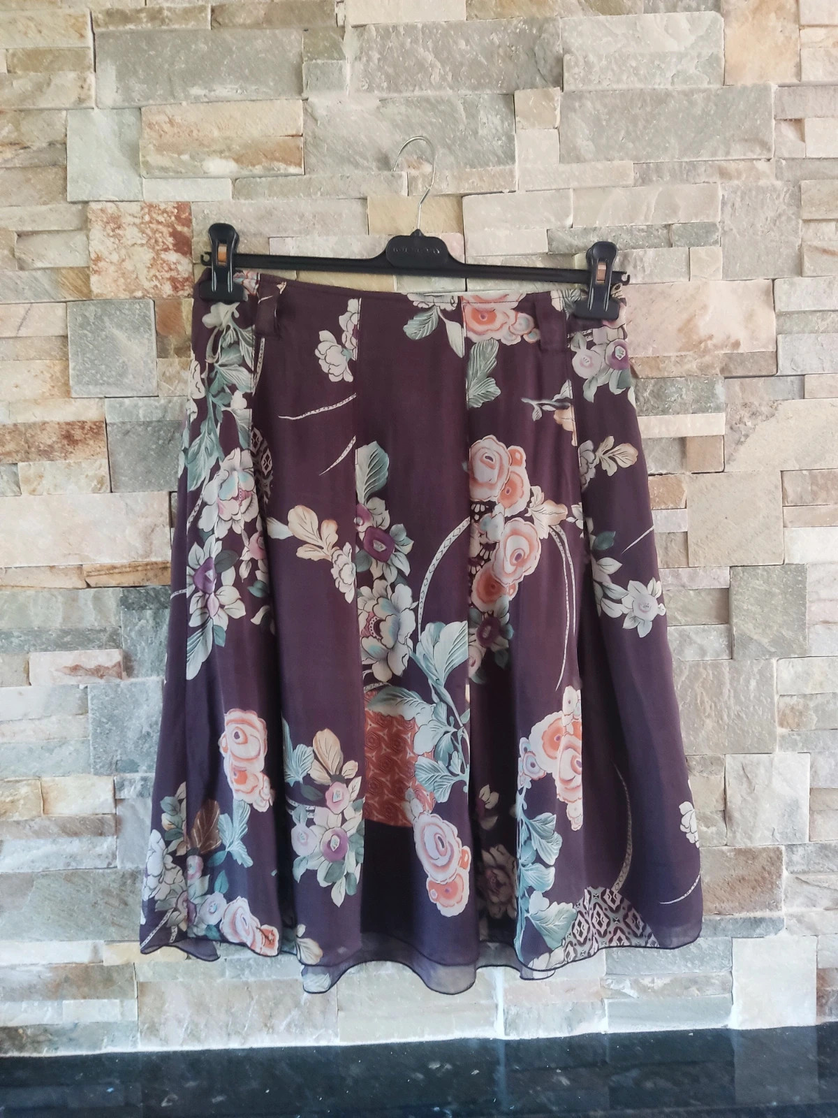 🎁Preciosa falda de seda marrón con estampado floral – Pauline B. – taille L / 40 / 12 2