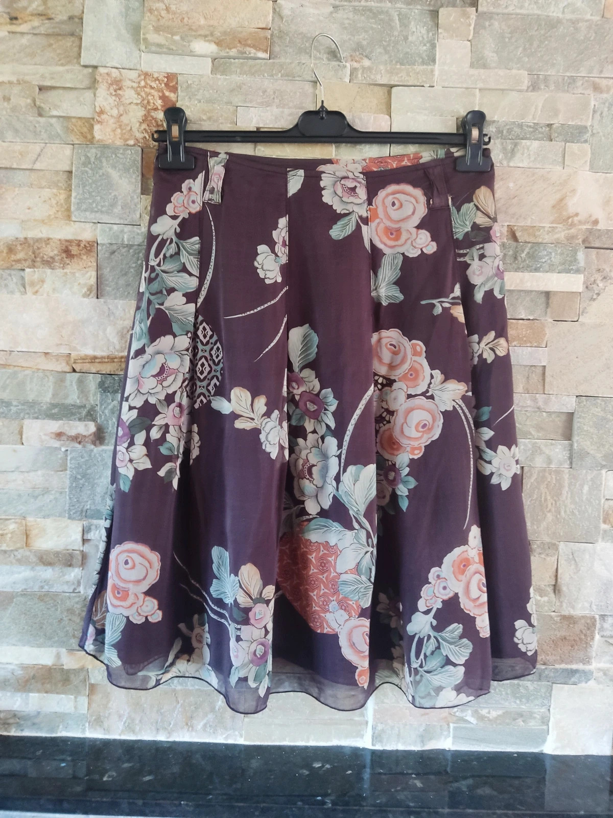 🎁Preciosa falda de seda marrón con estampado floral – Pauline B. – taille L / 40 / 12 5