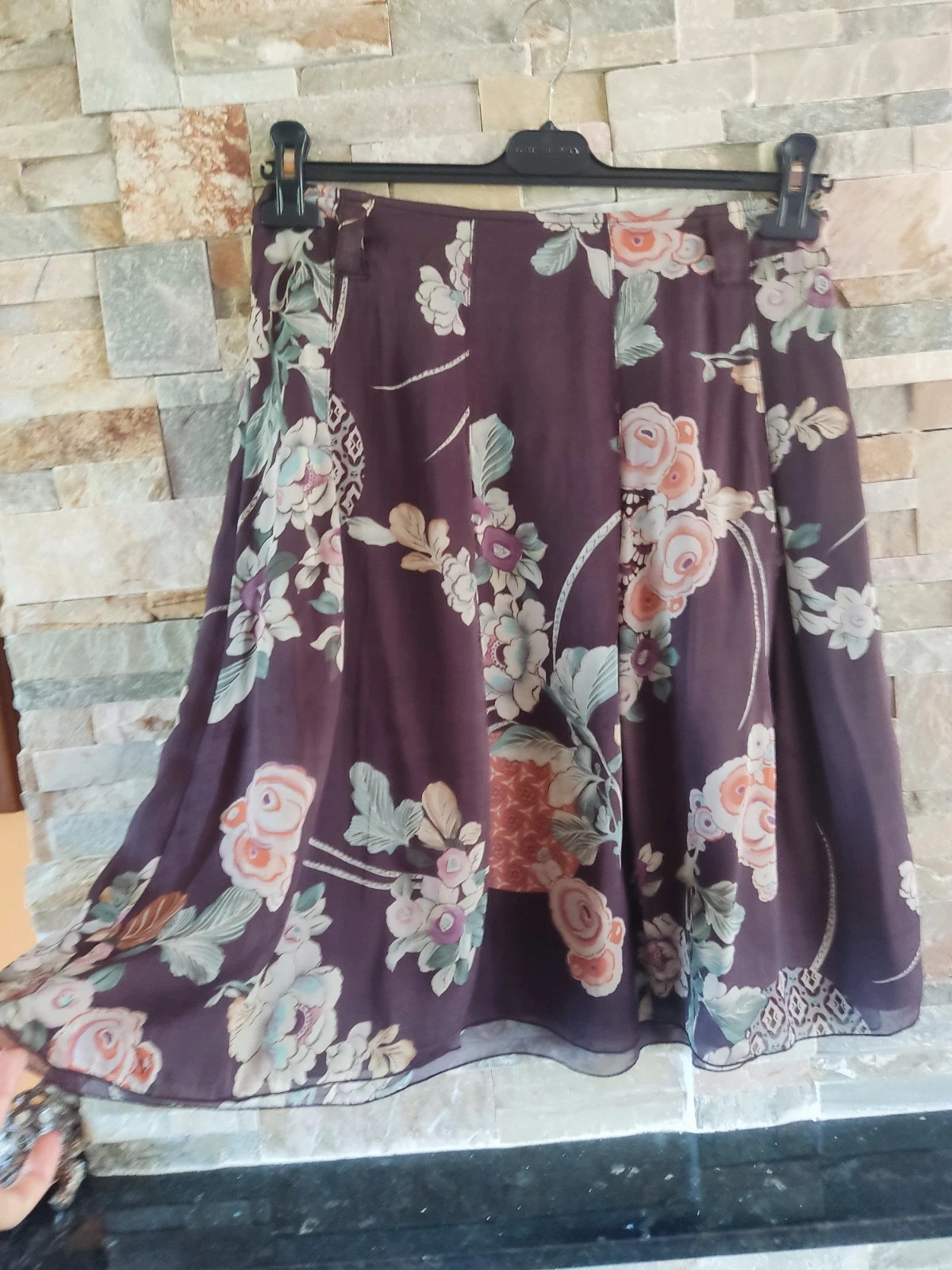 🎁Preciosa falda de seda marrón con estampado floral – Pauline B. – taille L / 40 / 12