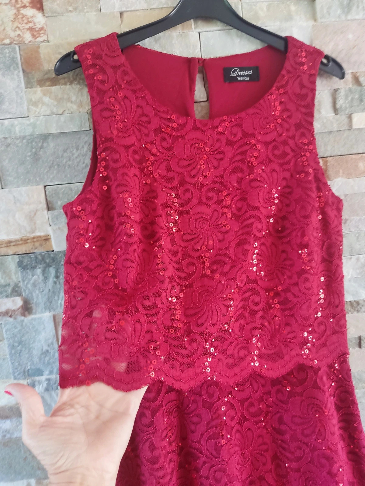 🎁 Original vestido de blonda roja con lentejuelas – Dresses Yessica – taille S / 36 / 8 2