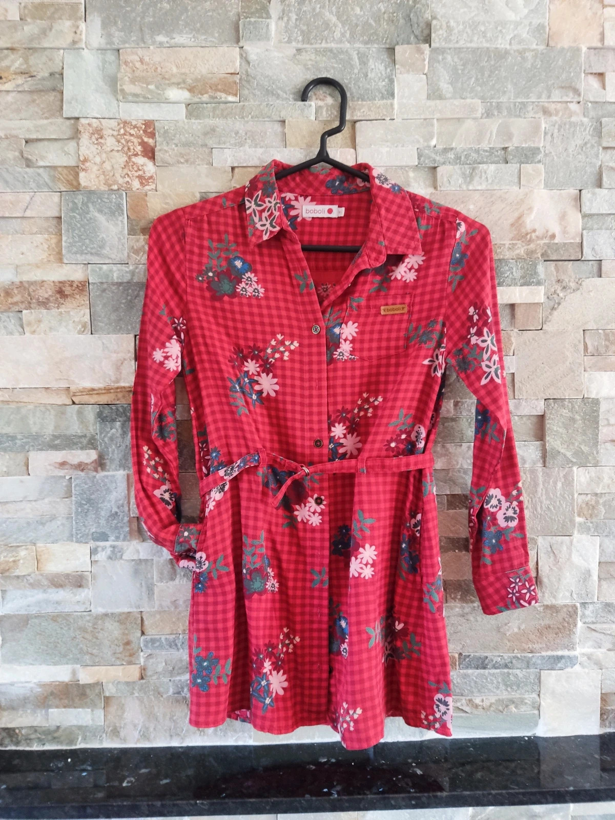 🎁Camisa niña 10 años con cuadritos rojos y estampado floral, de Boboli