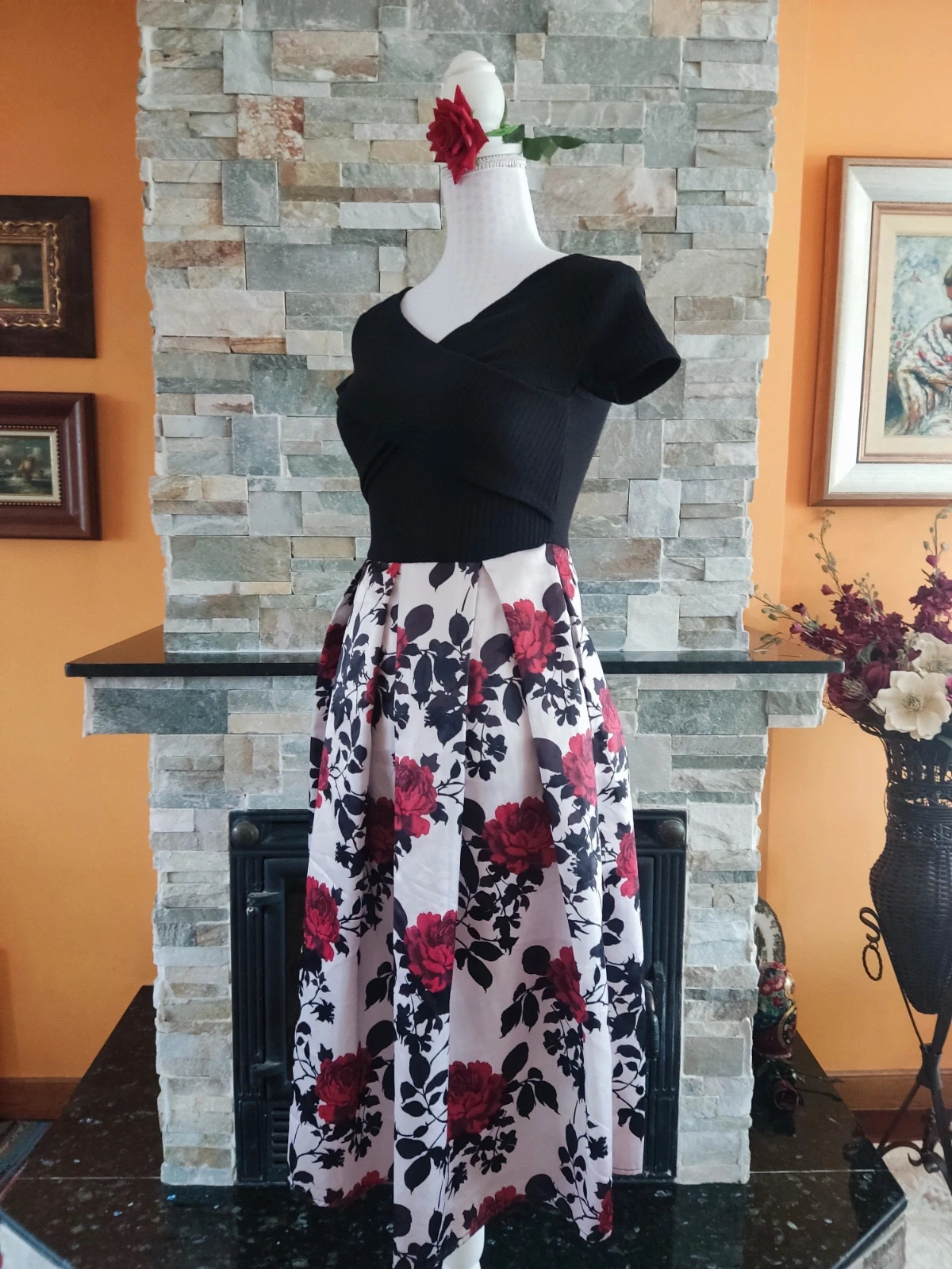 🎁 Elegante vestido con cuerpo de punto negro y falda amplia multicolor – Vintage – taille XS / 34 / 6 3