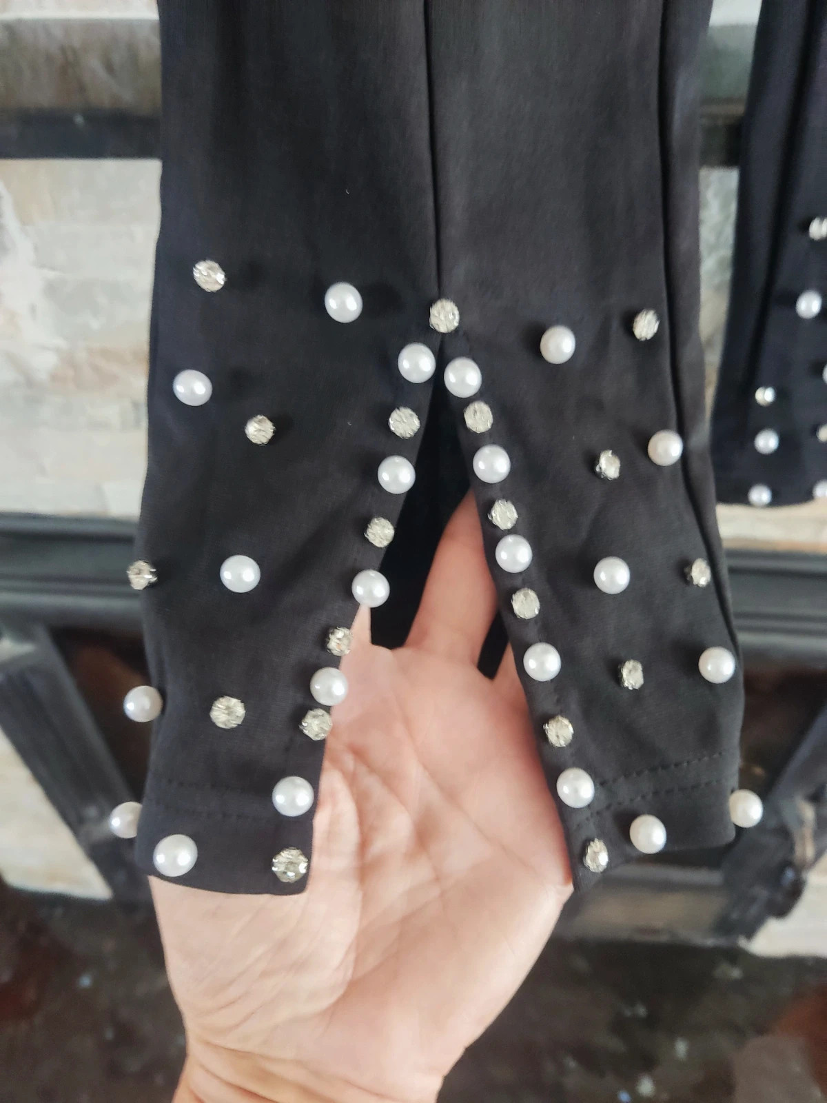 🎁 Pantalón negro ajustado con perlas y brillantes en el bajo delantero – grefit – taille S / 36 / 8 3