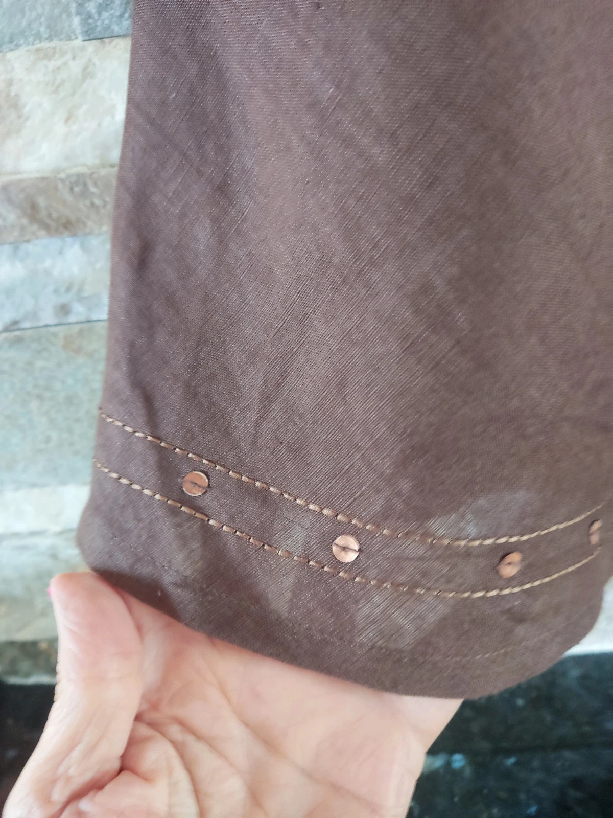 🎁Falda de lino y ramio color marrón con abalorios de madera y nácar en cintura – KY creation – taille L / 40 / 12 4