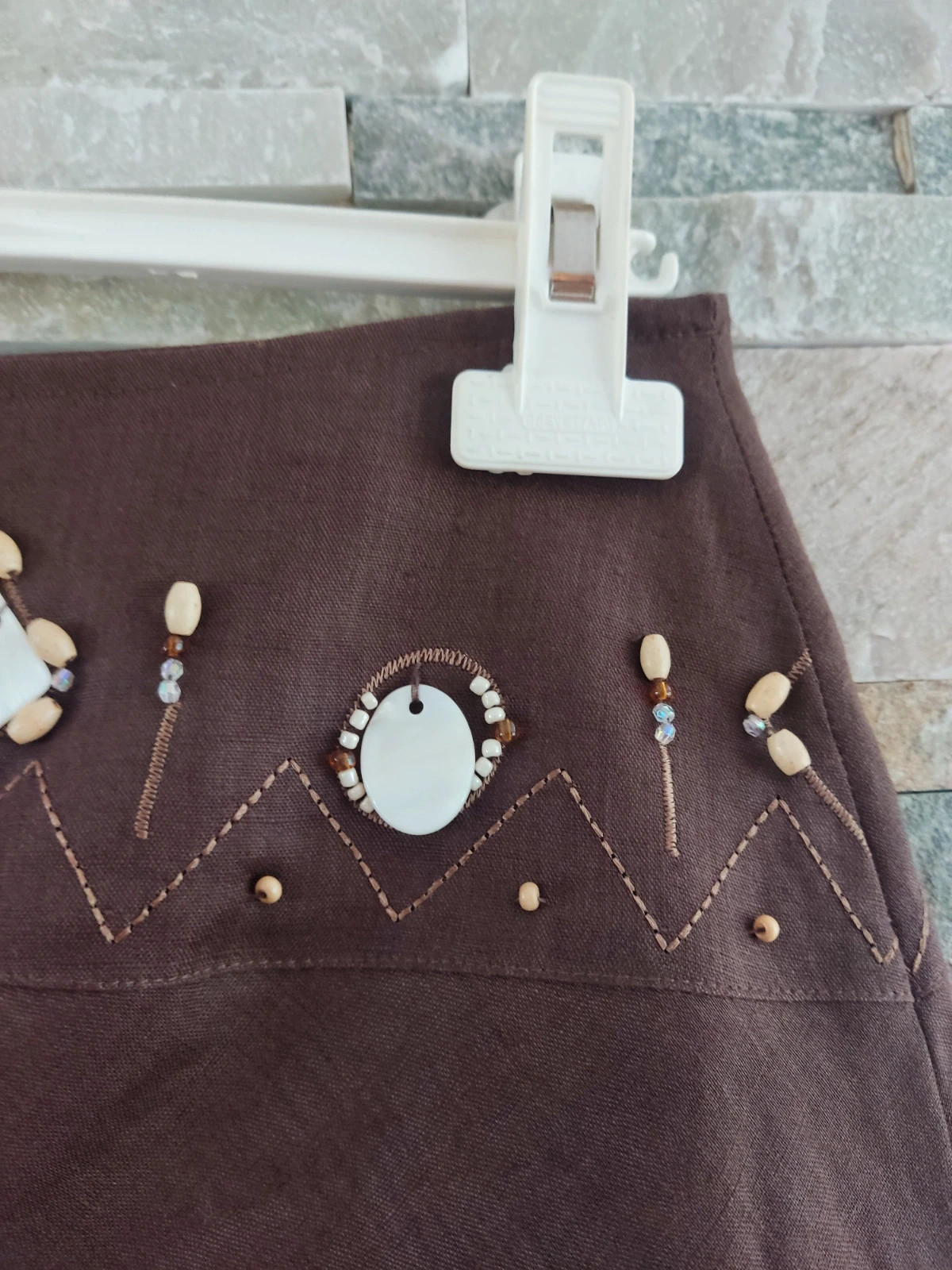 🎁Falda de lino y ramio color marrón con abalorios de madera y nácar en cintura – KY creation – taille L / 40 / 12 2